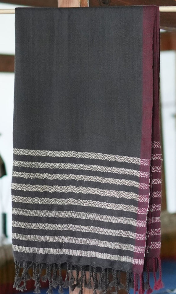 Pointed Twill Pure Merino Wool Shawl | Black with Red and Gold border