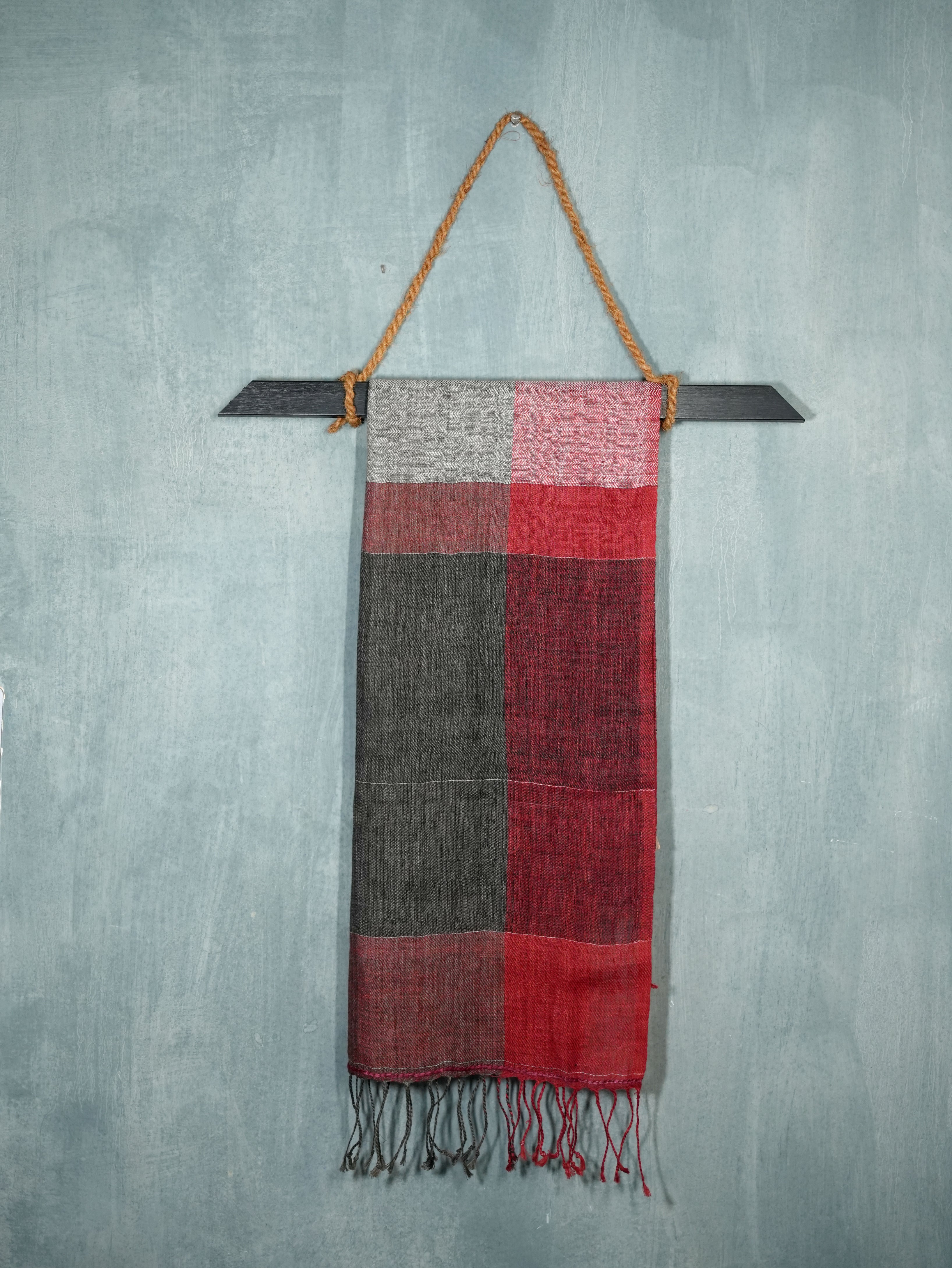 Multi grid Linen Stole | Red, Black & Dark Grey