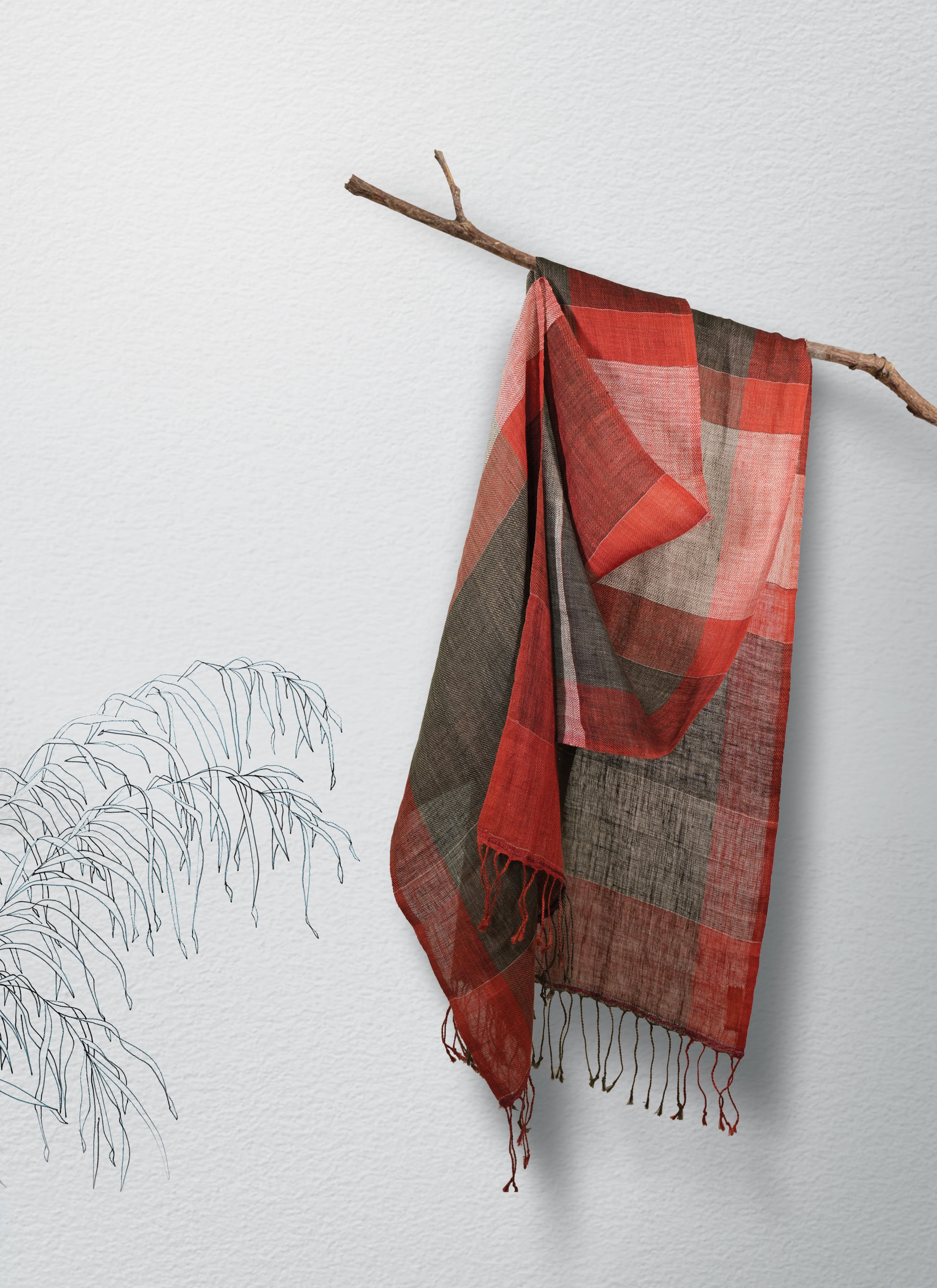 Multi grid Linen Stole | Red, Black & Dark Grey
