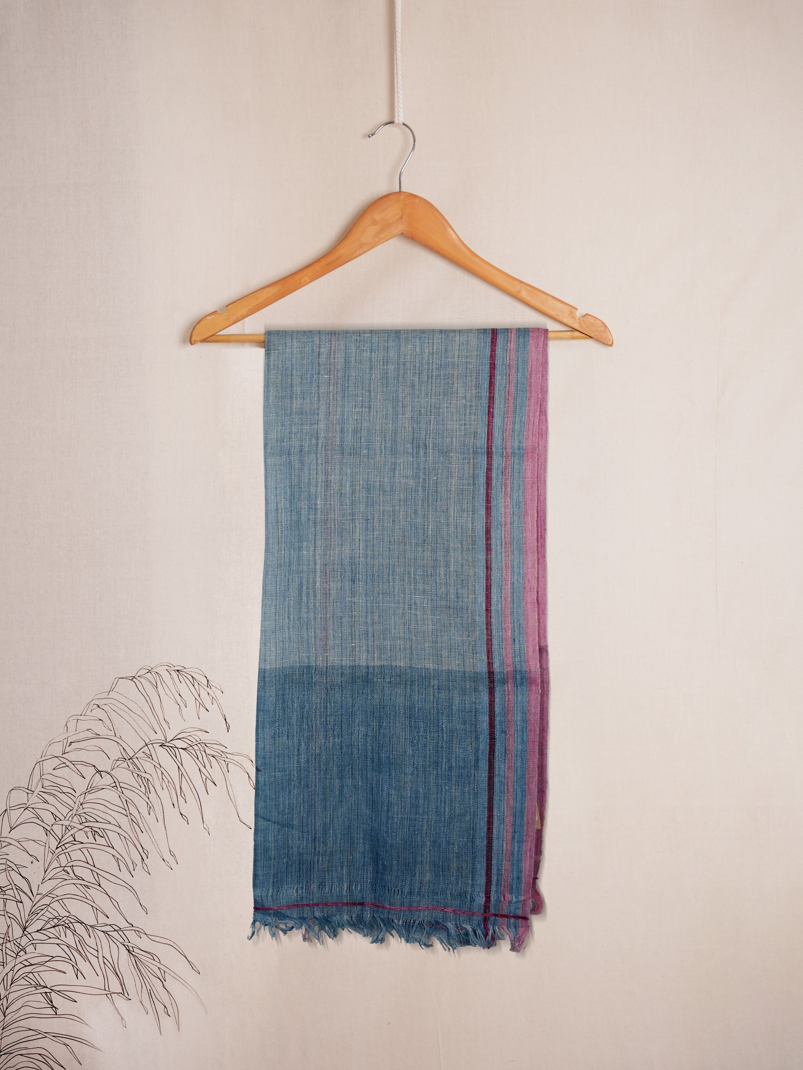Vibrant Halo Linen Stole | Sky Blue with Pink Border