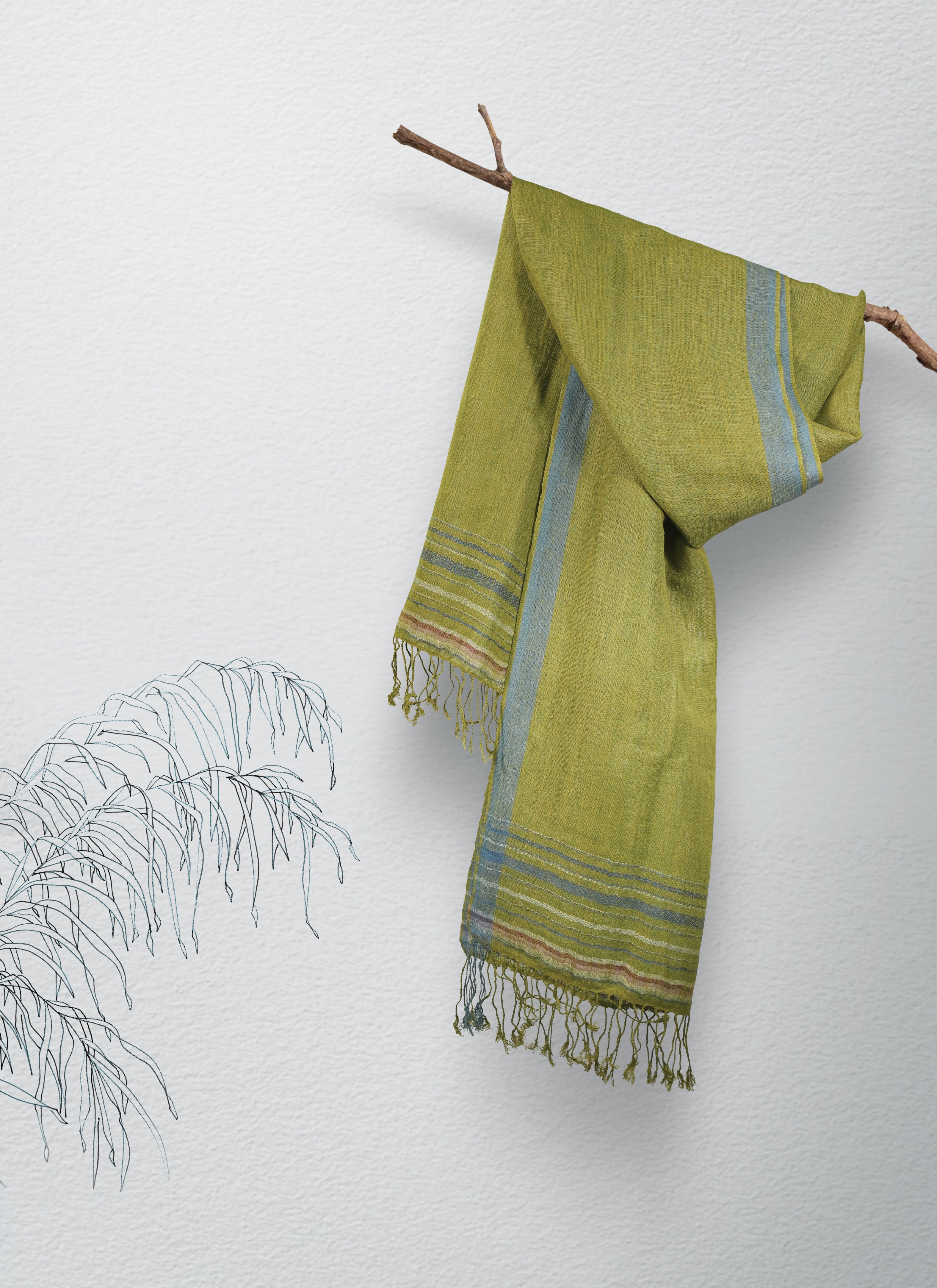 Pointed Twill Linen & Eri Silk Stole | Olive Green with Indigo Border