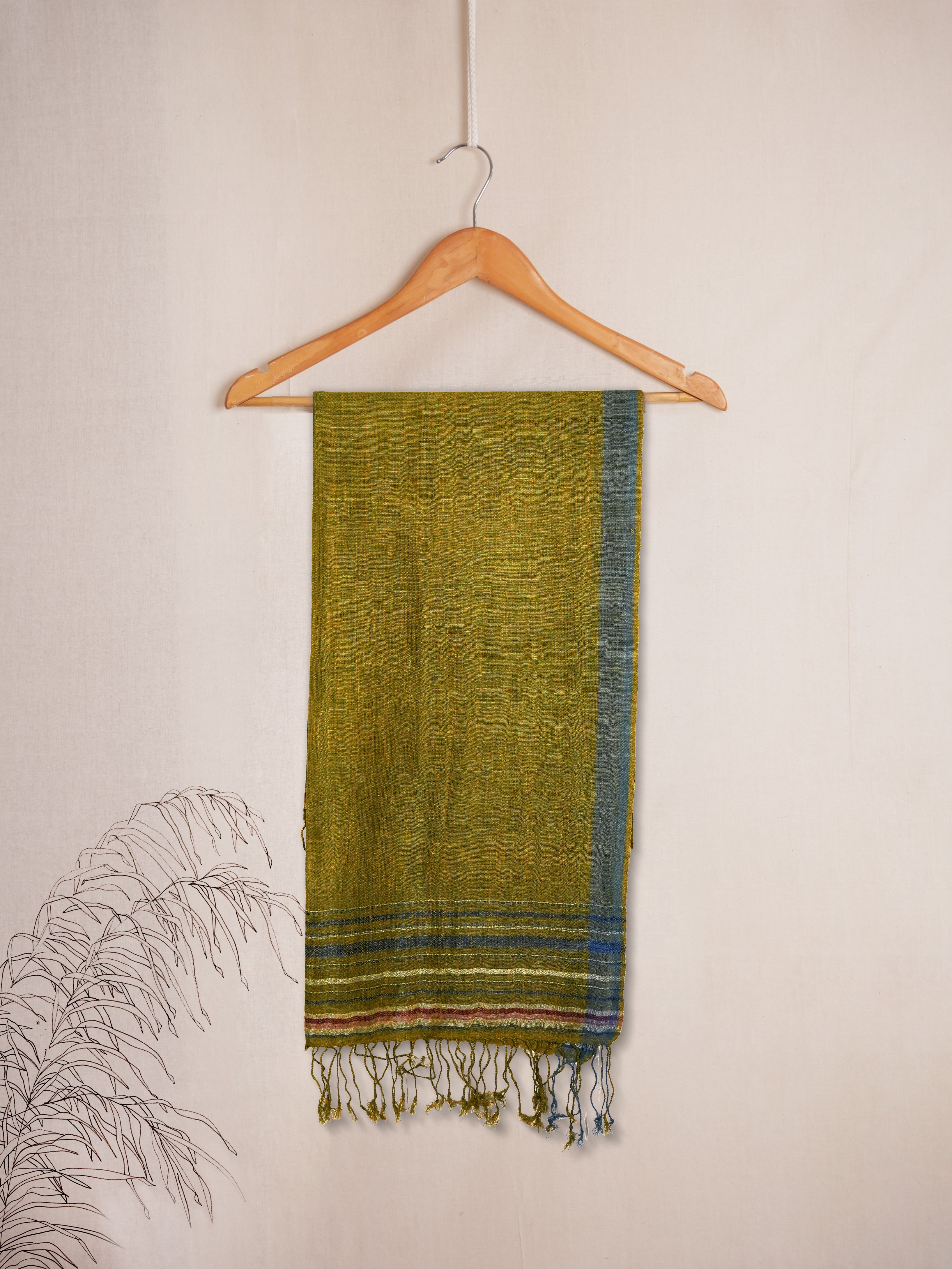 Pointed Twill Linen & Eri Silk Stole | Olive Green with Indigo Border