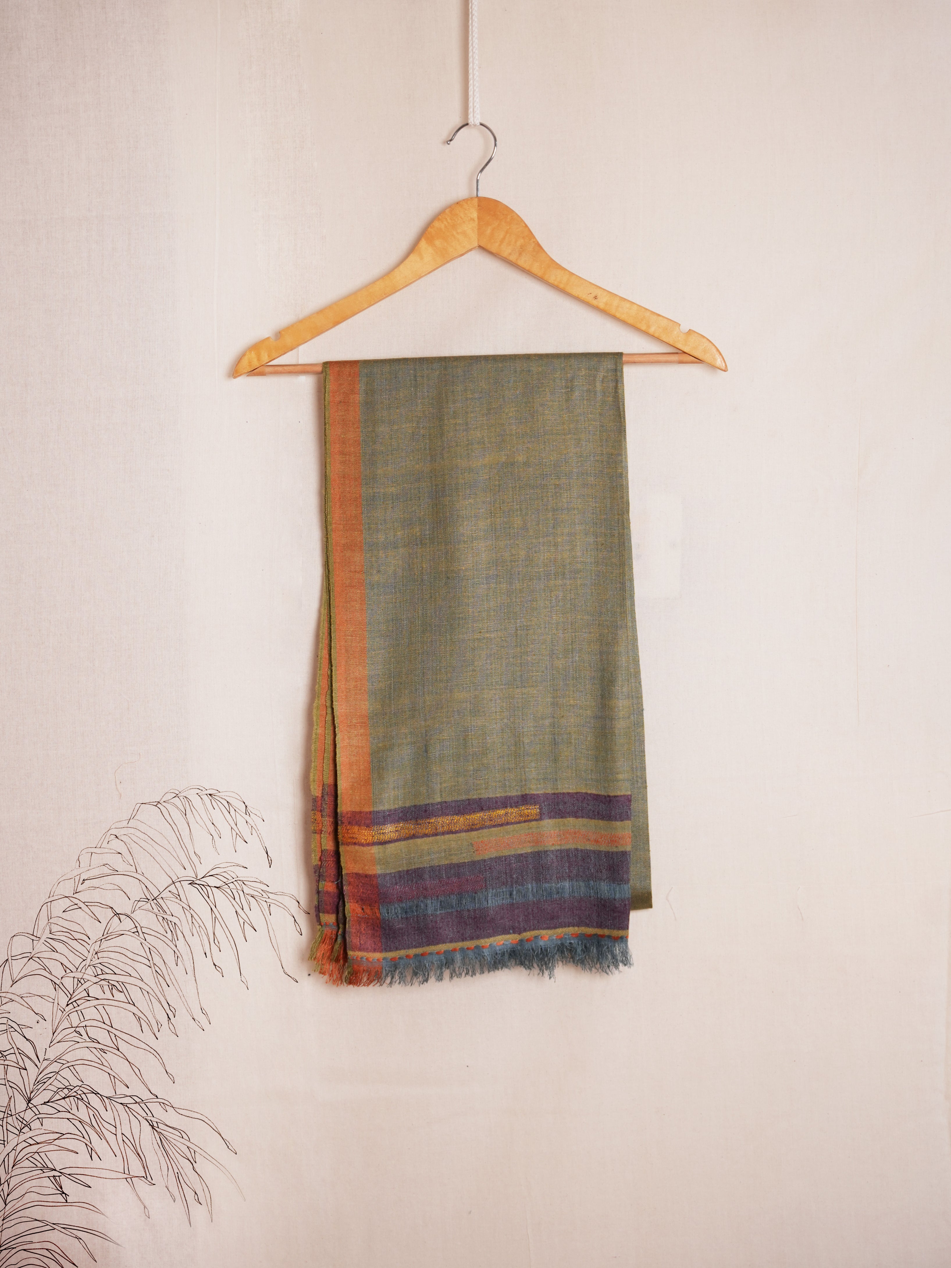 Striped Pure Eri Silk Stole | Sage Green with Orange border