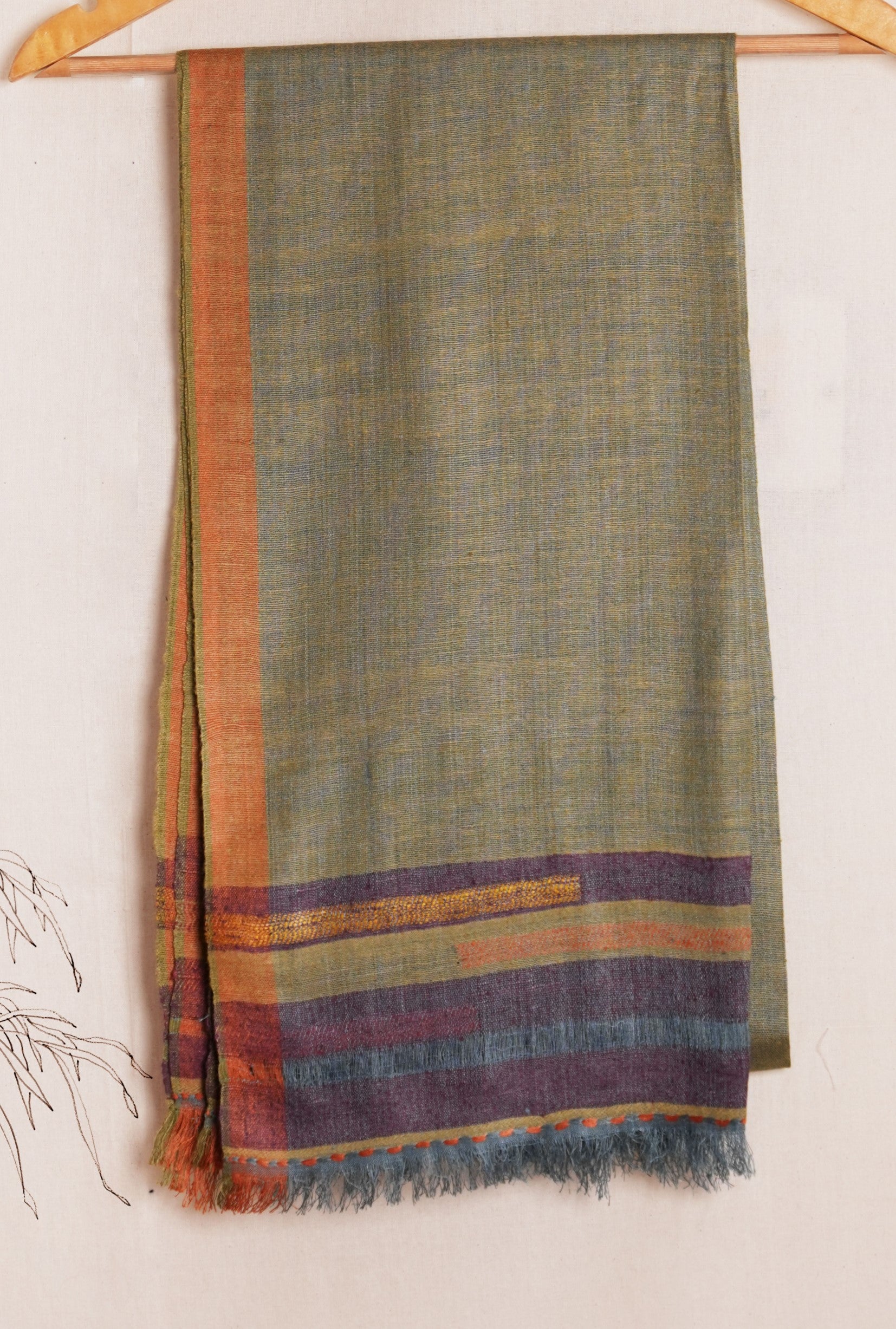 Striped Pure Eri Silk Stole | Sage Green with Orange border