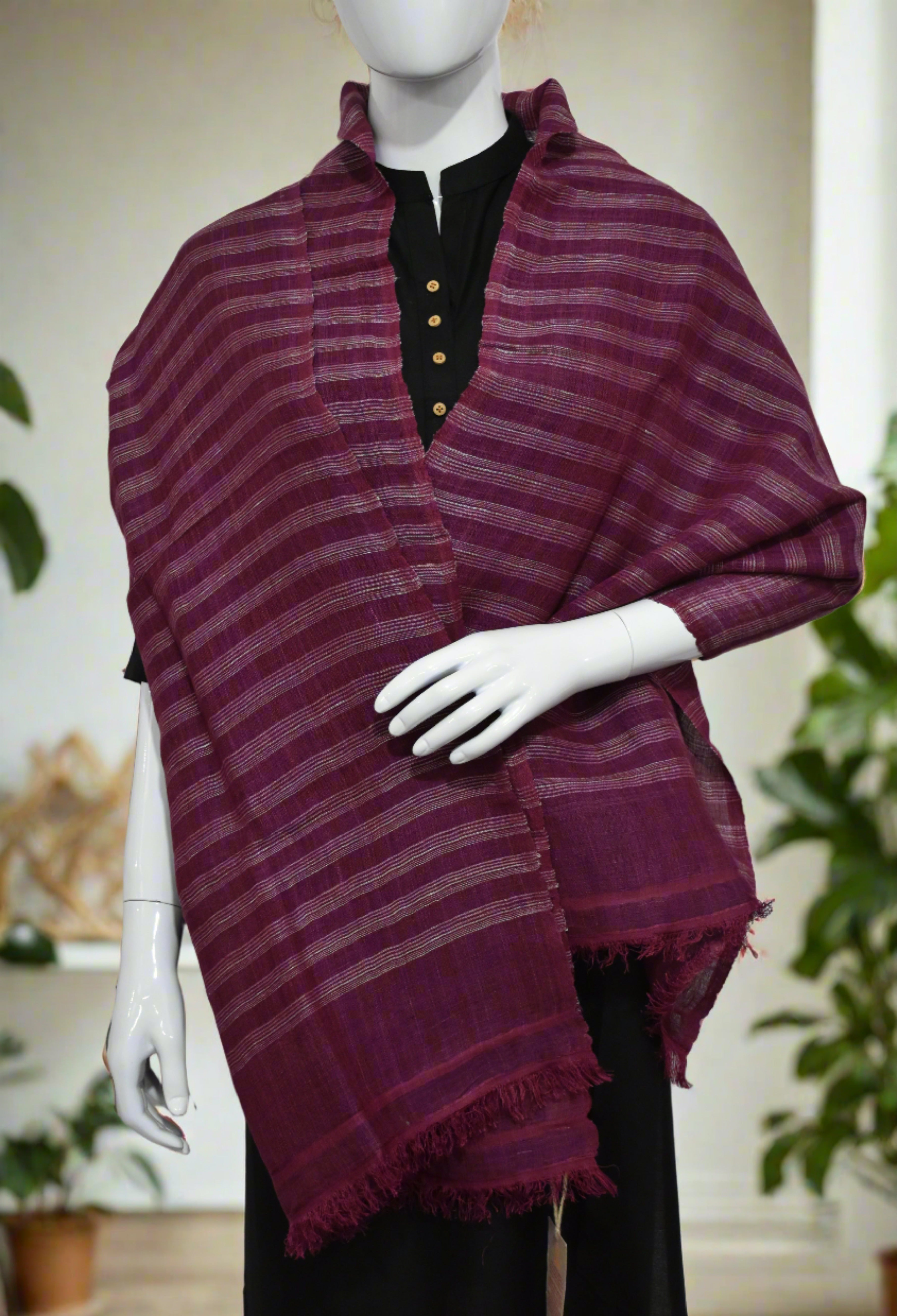 Straited Linen & Eri Silk Stole | Berry Crush with White stripes