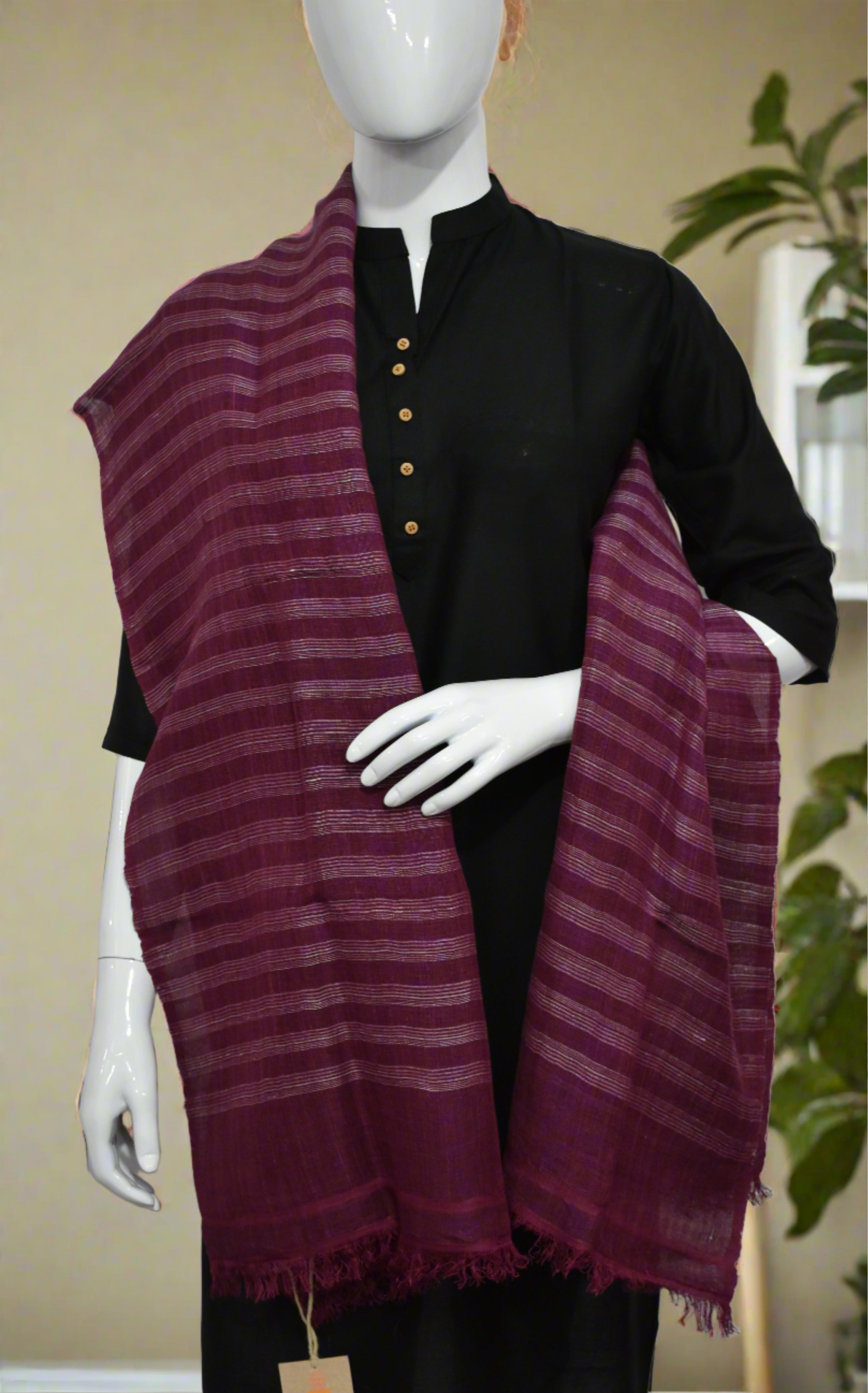 Straited Linen & Eri Silk Stole | Berry Crush with White stripes