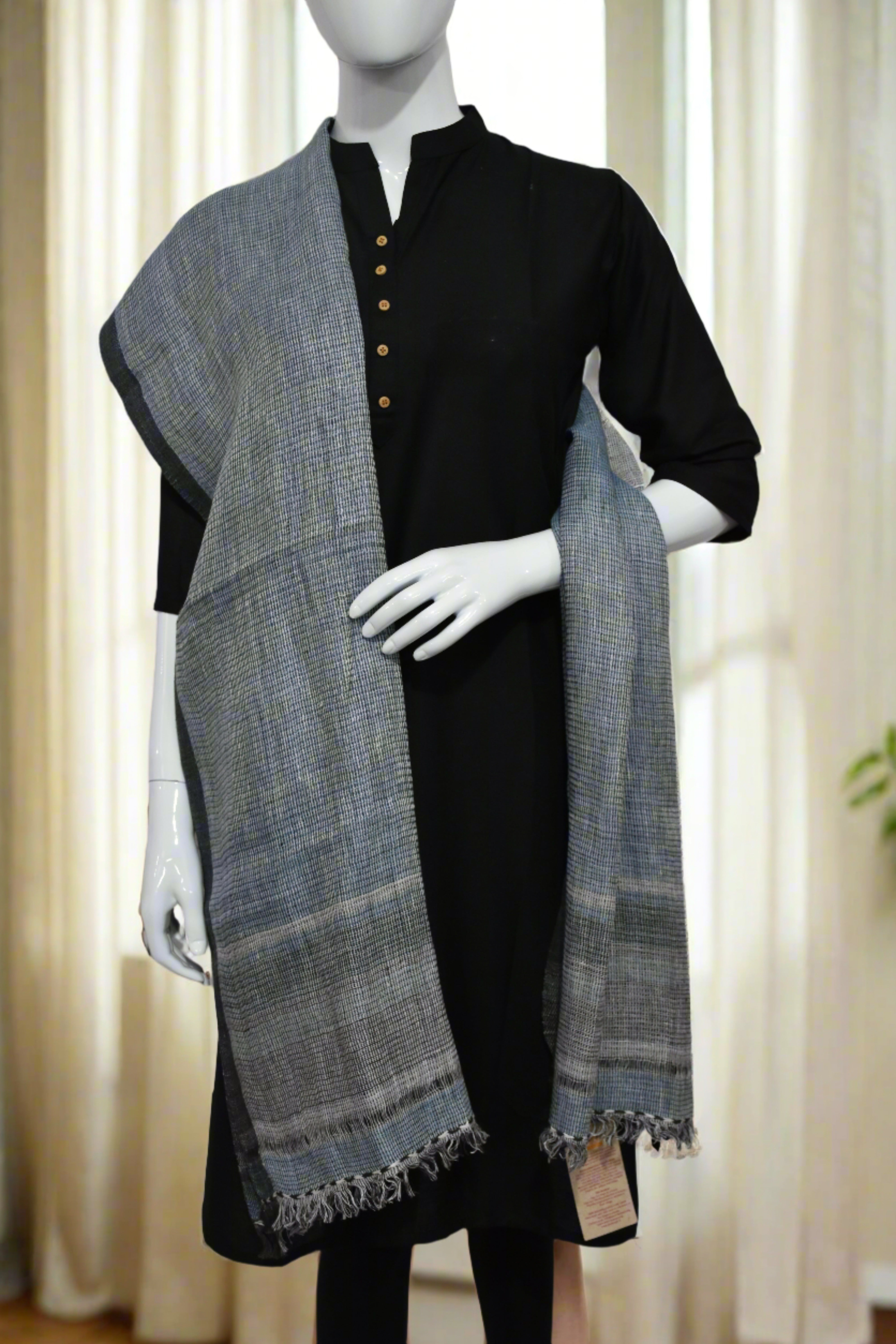 Graphite Grid Merino Wool Scarf | Indigo with White Checks