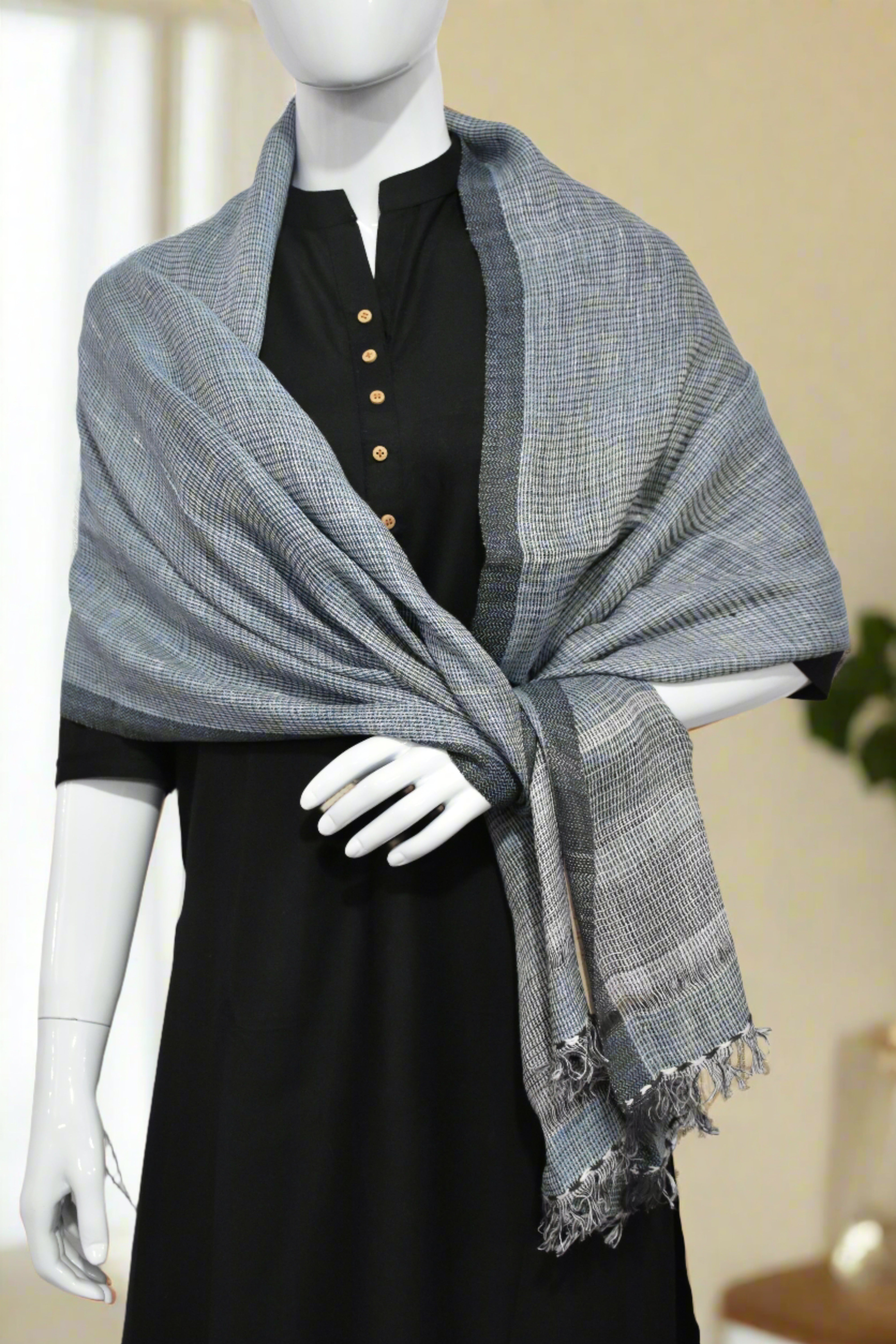 Graphite Grid Merino Wool Scarf | Indigo with White Checks