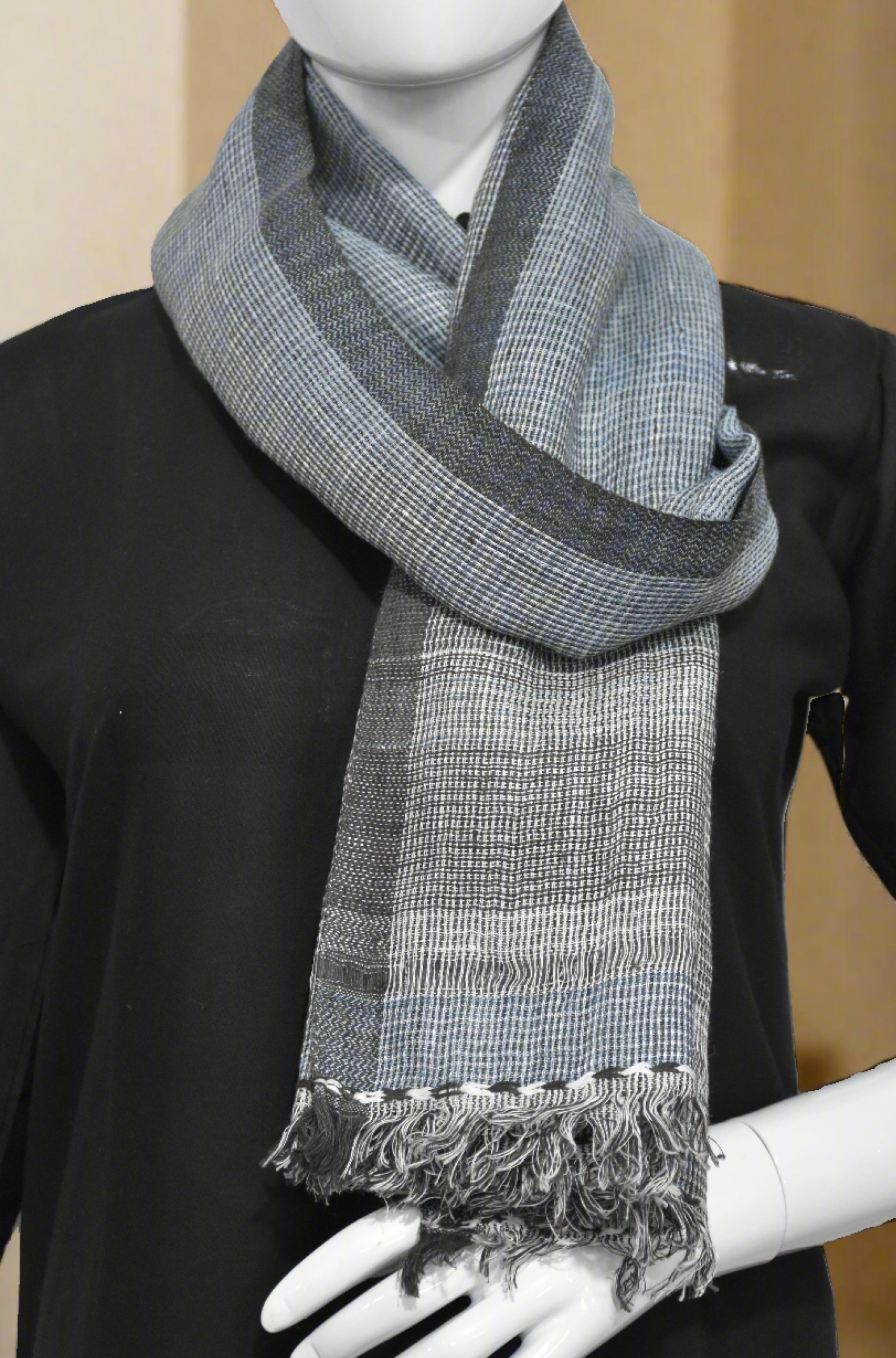 Graphite Grid Merino Wool Scarf | Indigo with White Checks