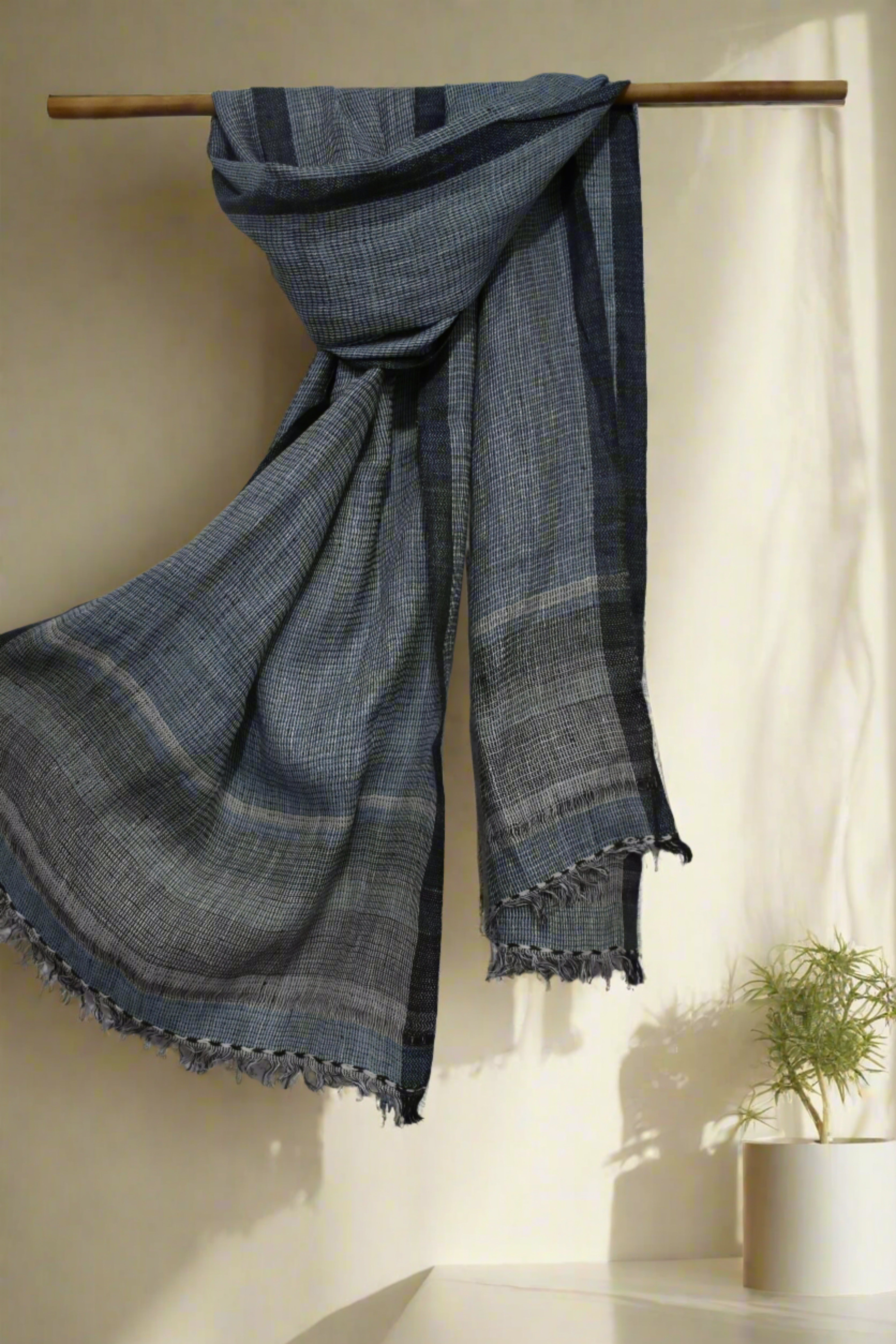 Graphite Grid Merino Wool Scarf | Indigo with White Checks