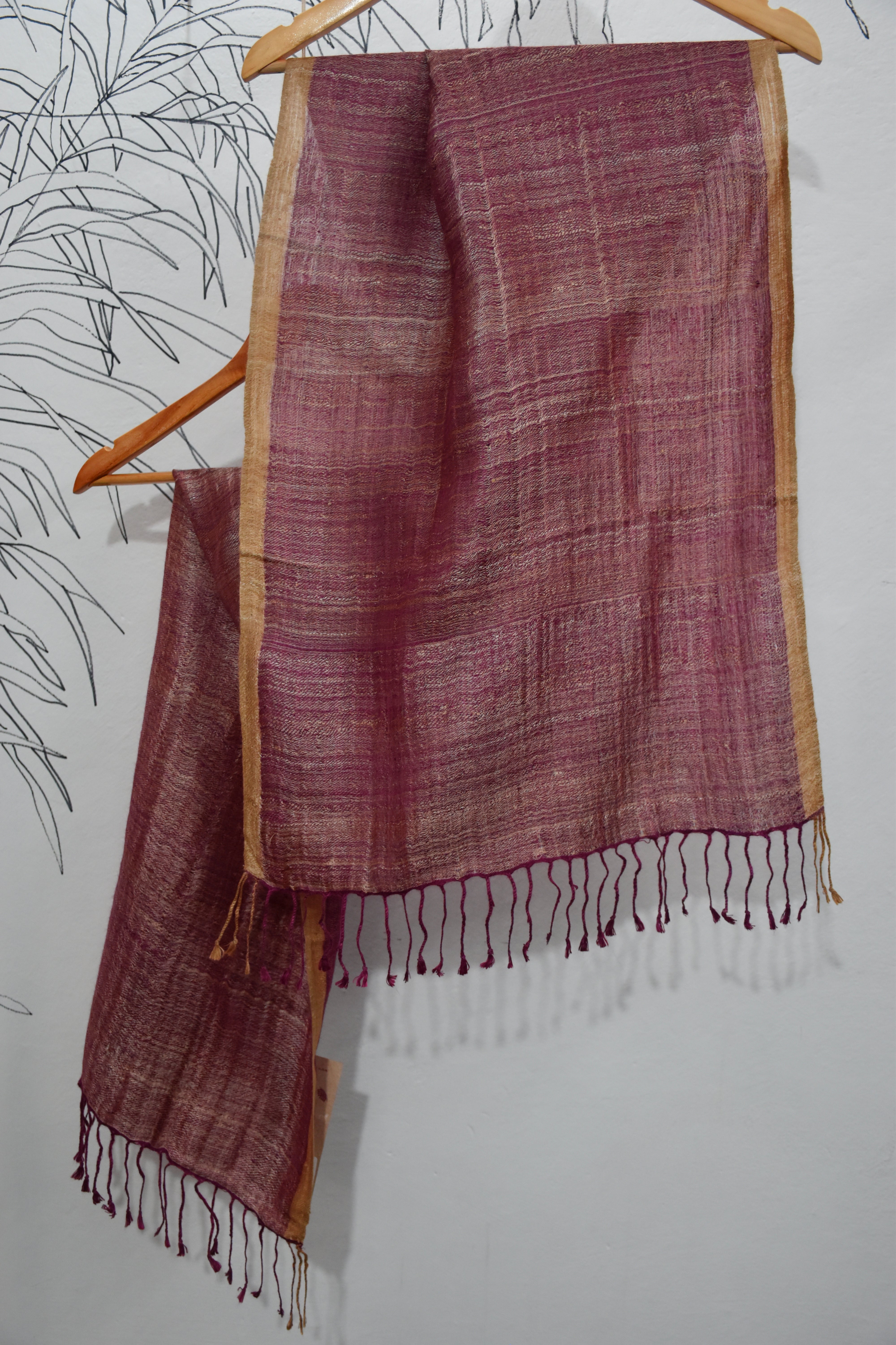 Shimmer Eri-Muga Silk Stole | Raspberry with Gold border