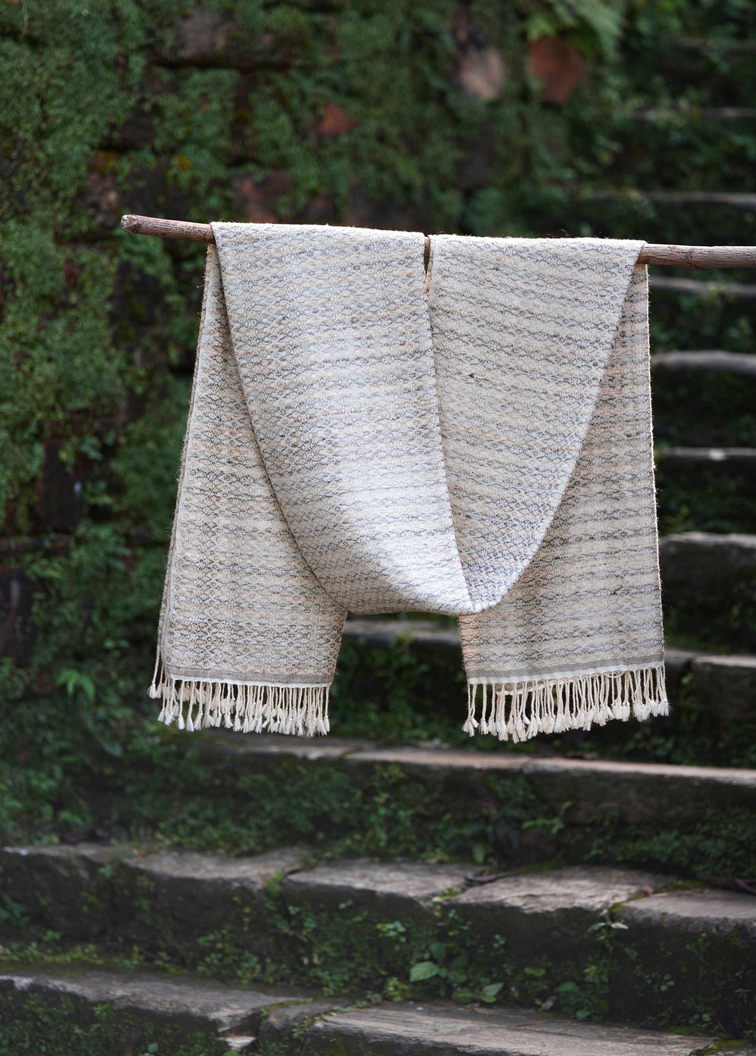 Almora Pattern Tussar Silk & Merino Wool Shawl | White and Grey