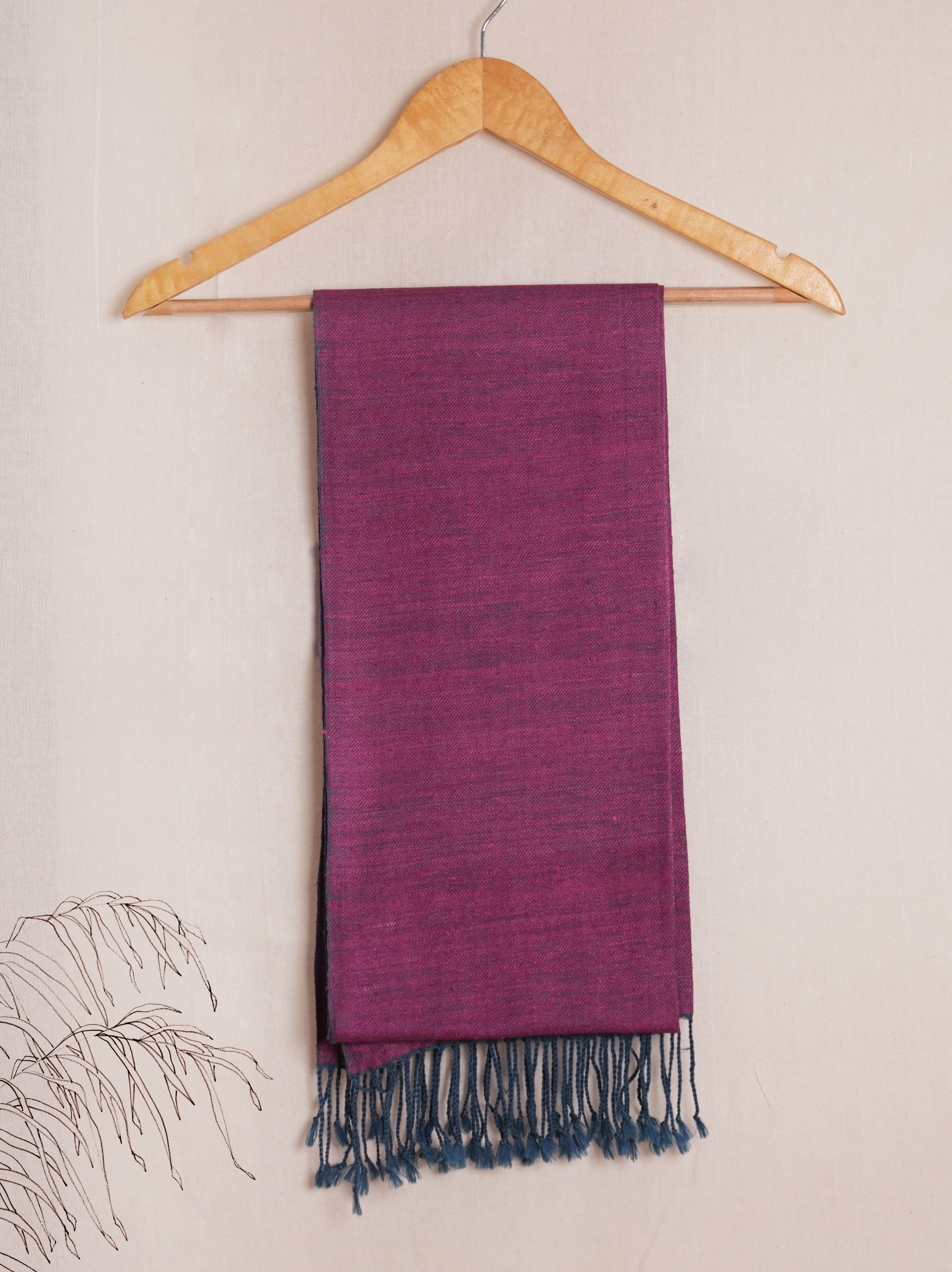 Dark Raspberry Tussar Silk & Merino Wool Stole | Solid Indigo & Pink