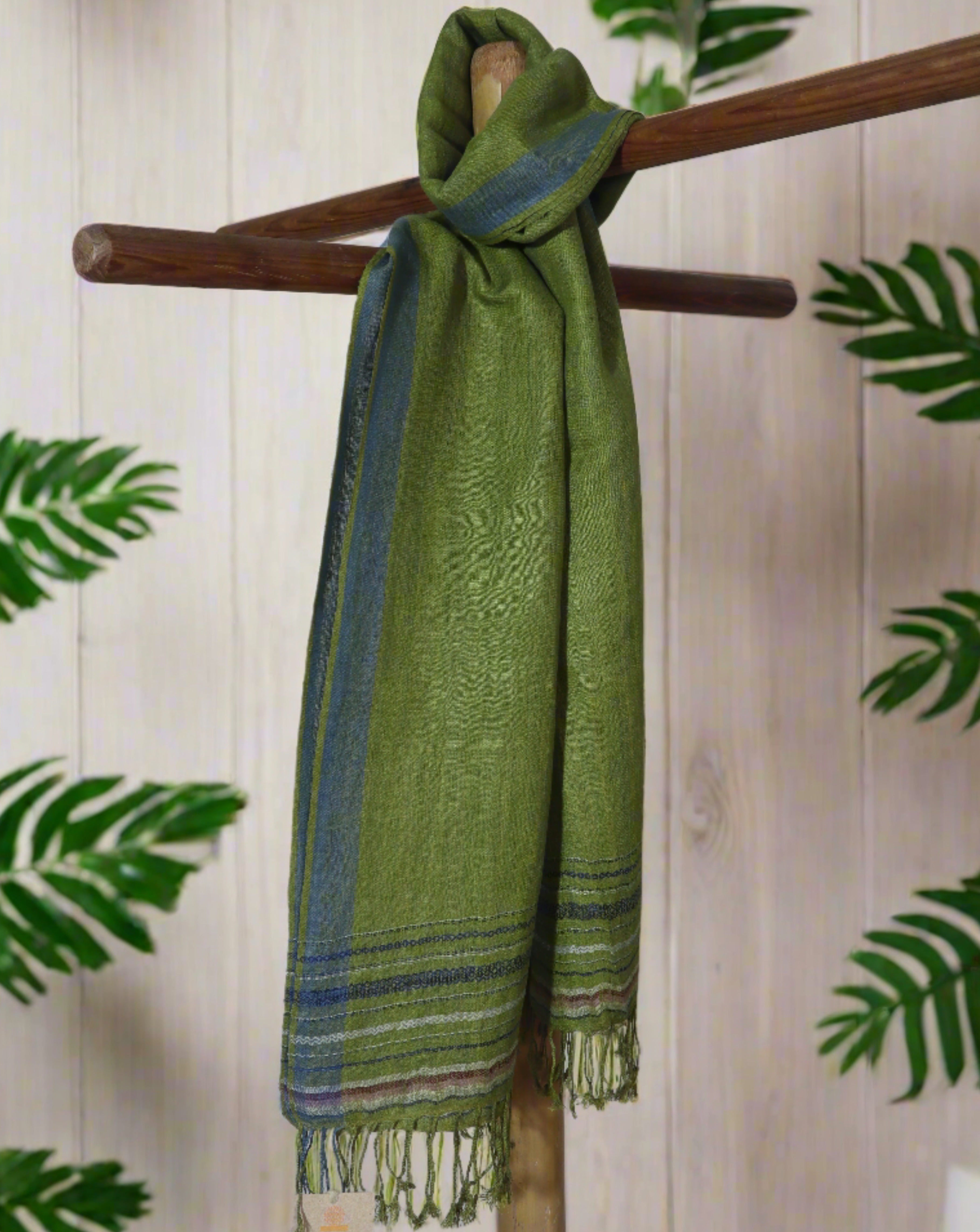 Pointed Twill Linen & Eri Silk Stole | Olive Green with Indigo Border