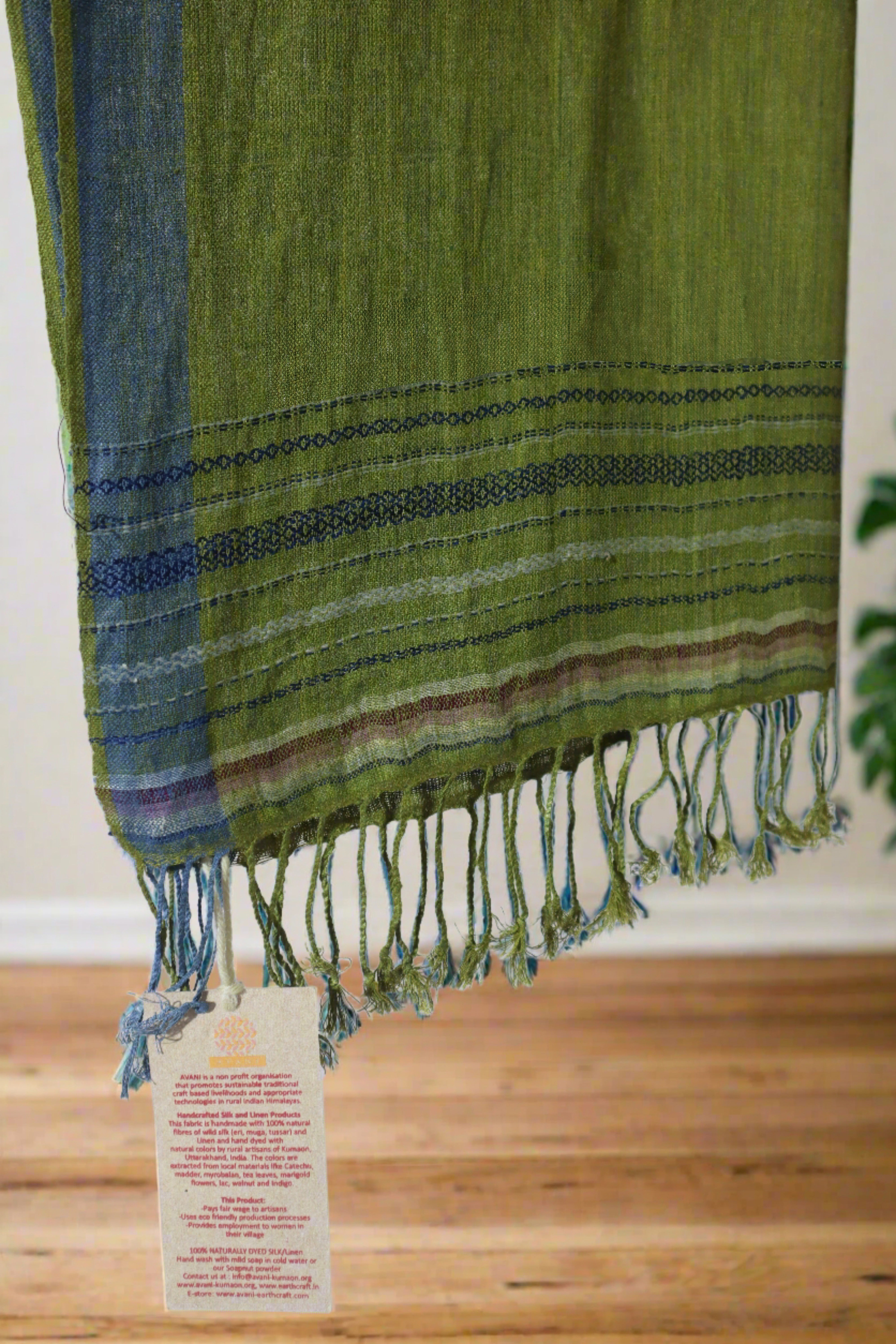 Pointed Twill Linen & Eri Silk Stole | Olive Green with Indigo Border