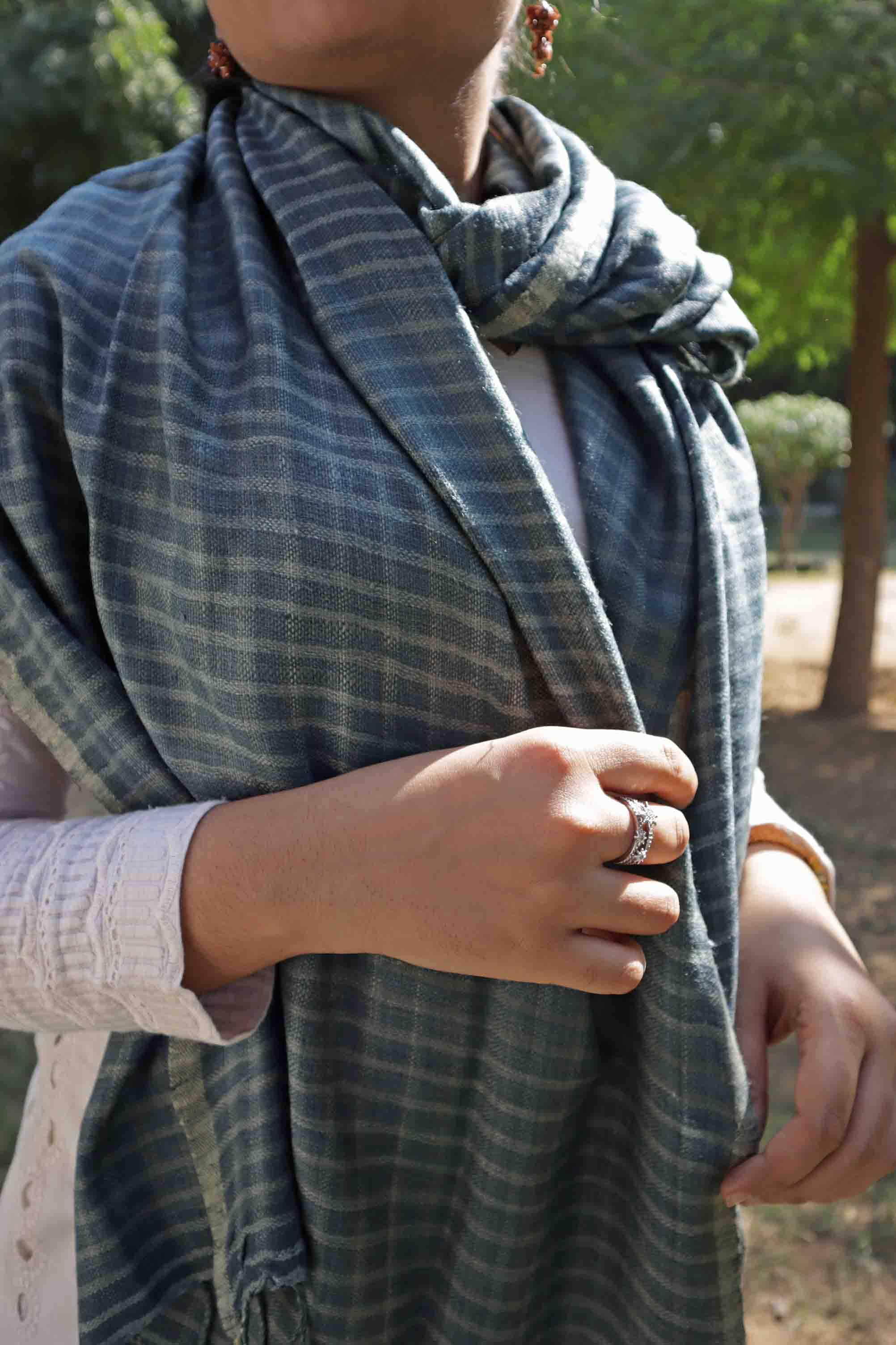 Graphite Plaid Eri silk and Linen stole | Indigo and Grey checks