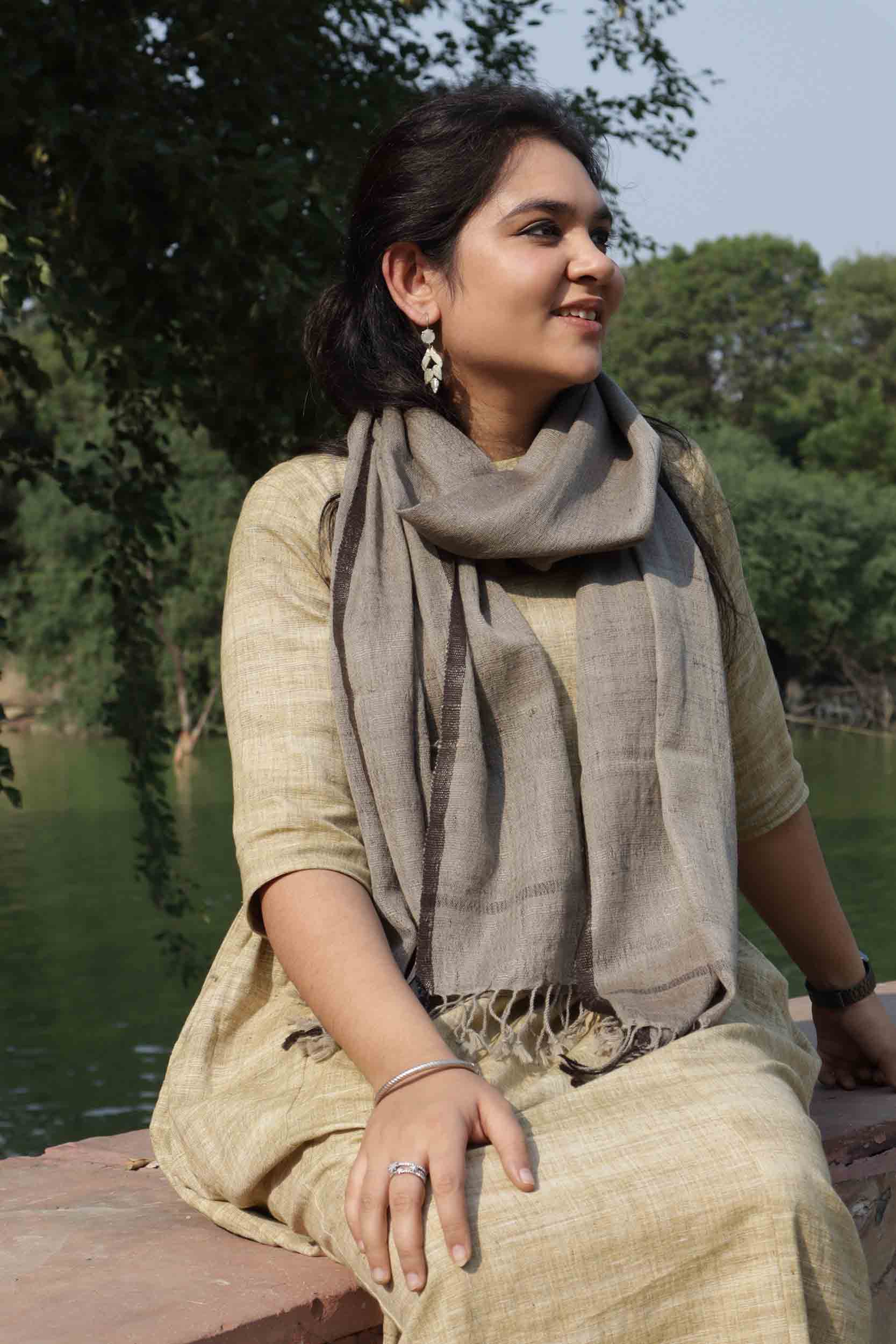 Slate and Shadow Eri Silk & Merino Wool Stole | Grey with Black border