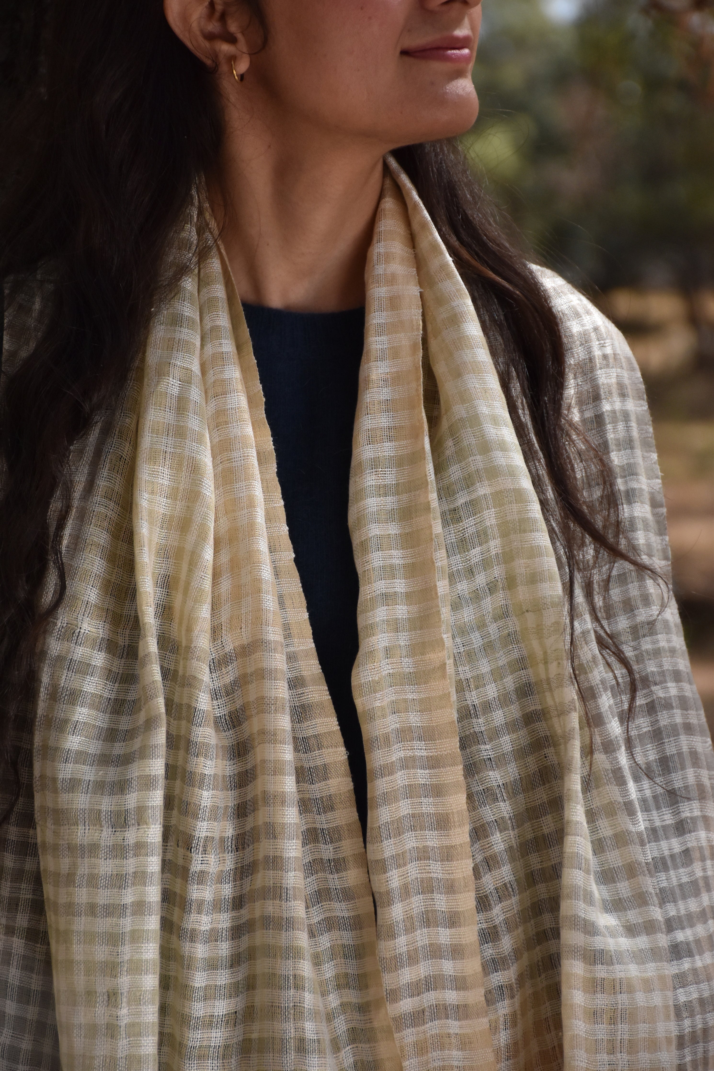 Checkered Linen & Eri Silk Stole | White, Grey & Light Yellow