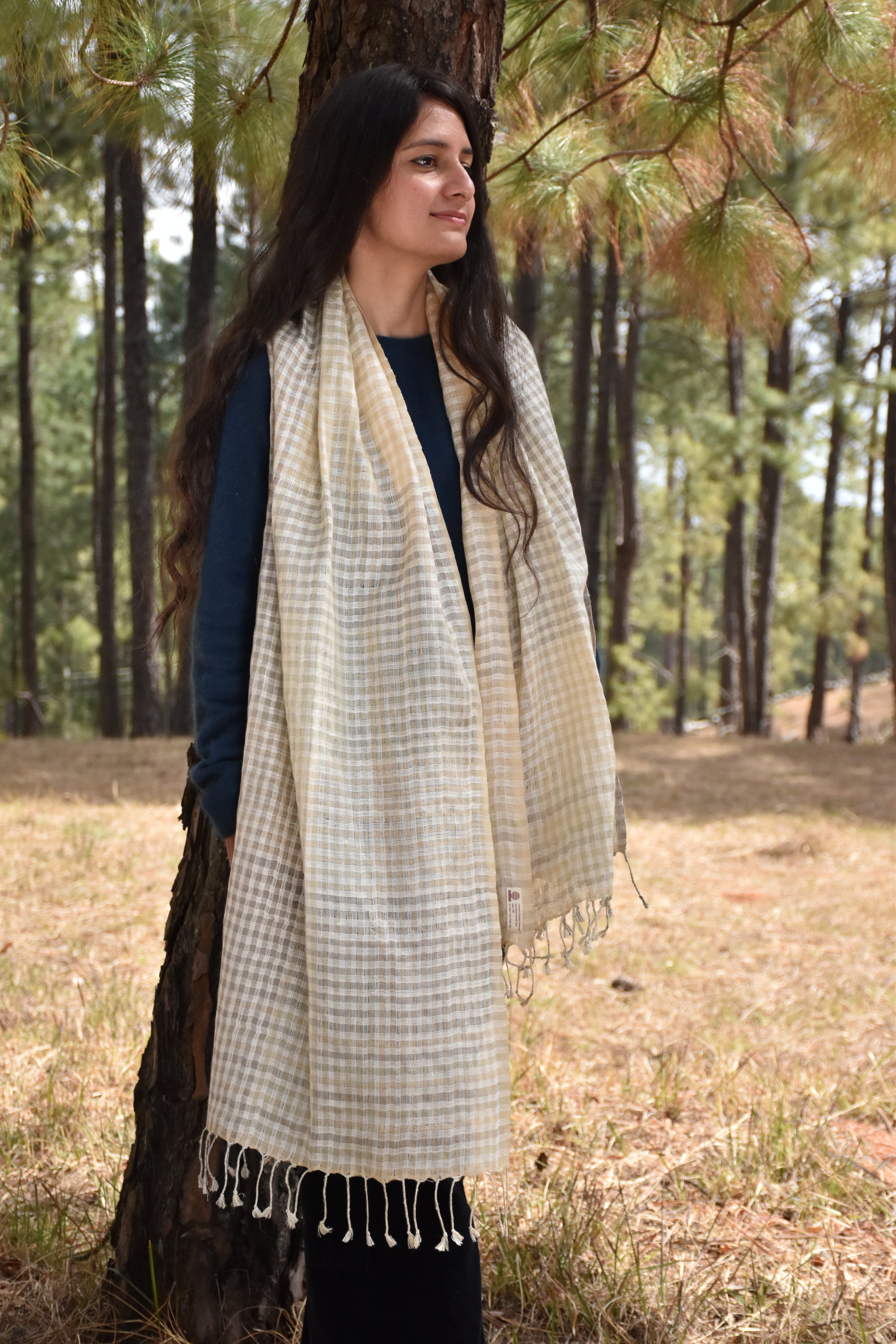 Checkered Linen & Eri Silk Stole | White, Grey & Light Yellow