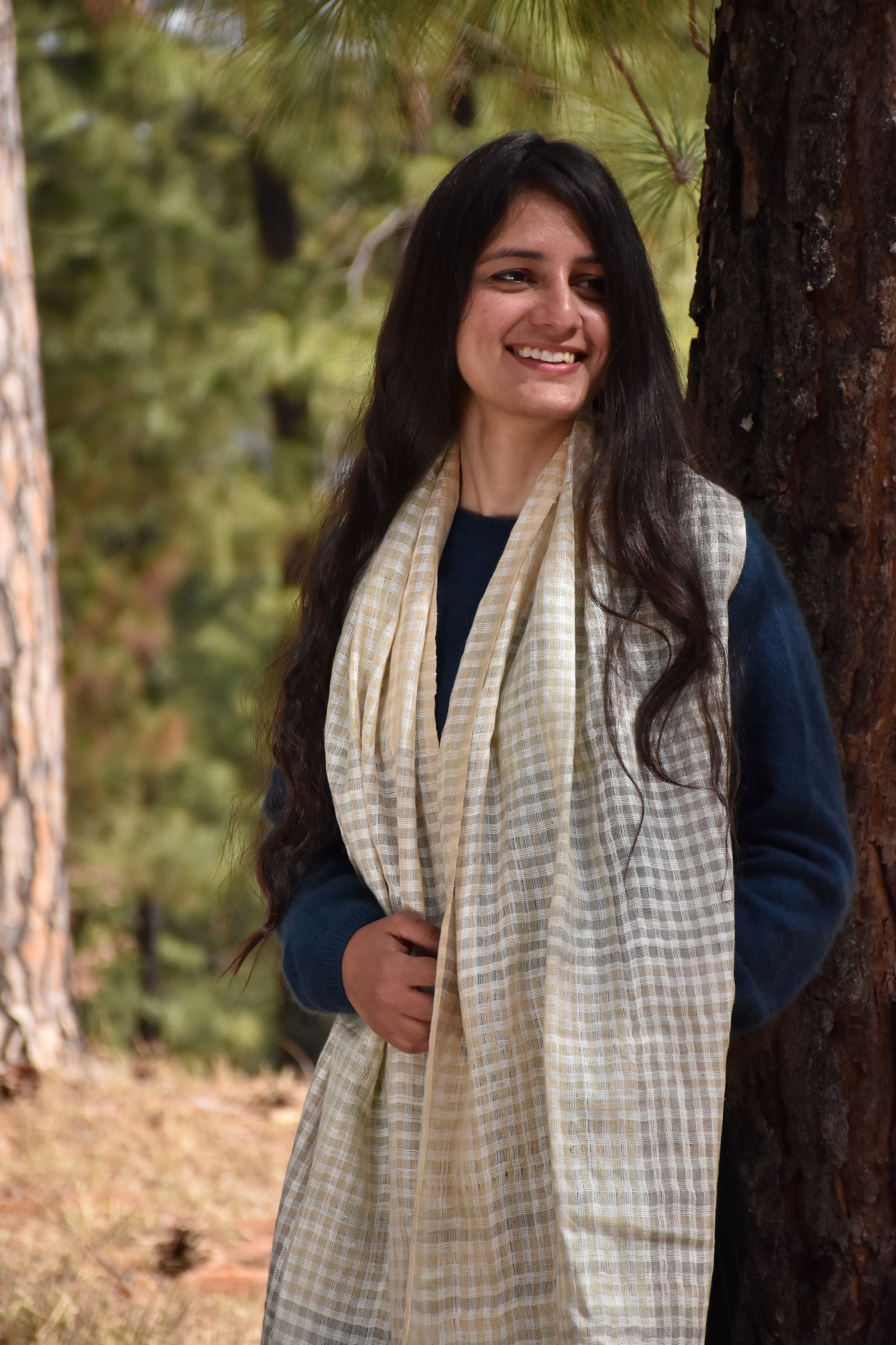 Checkered Linen & Eri Silk Stole | White, Grey & Light Yellow