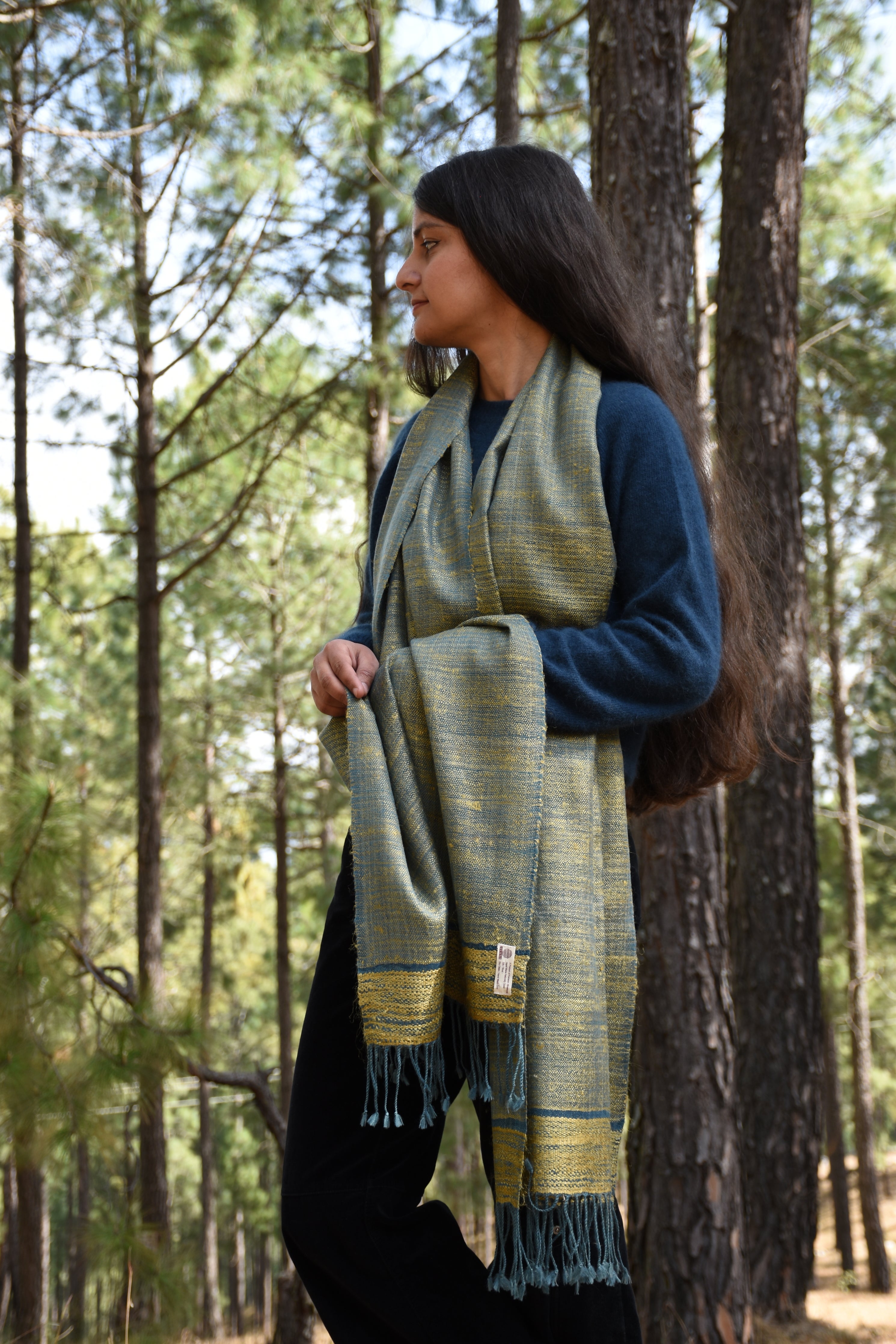 Twilight grove Silk & Wool Stole | Indigo Blue with Lime Yellow