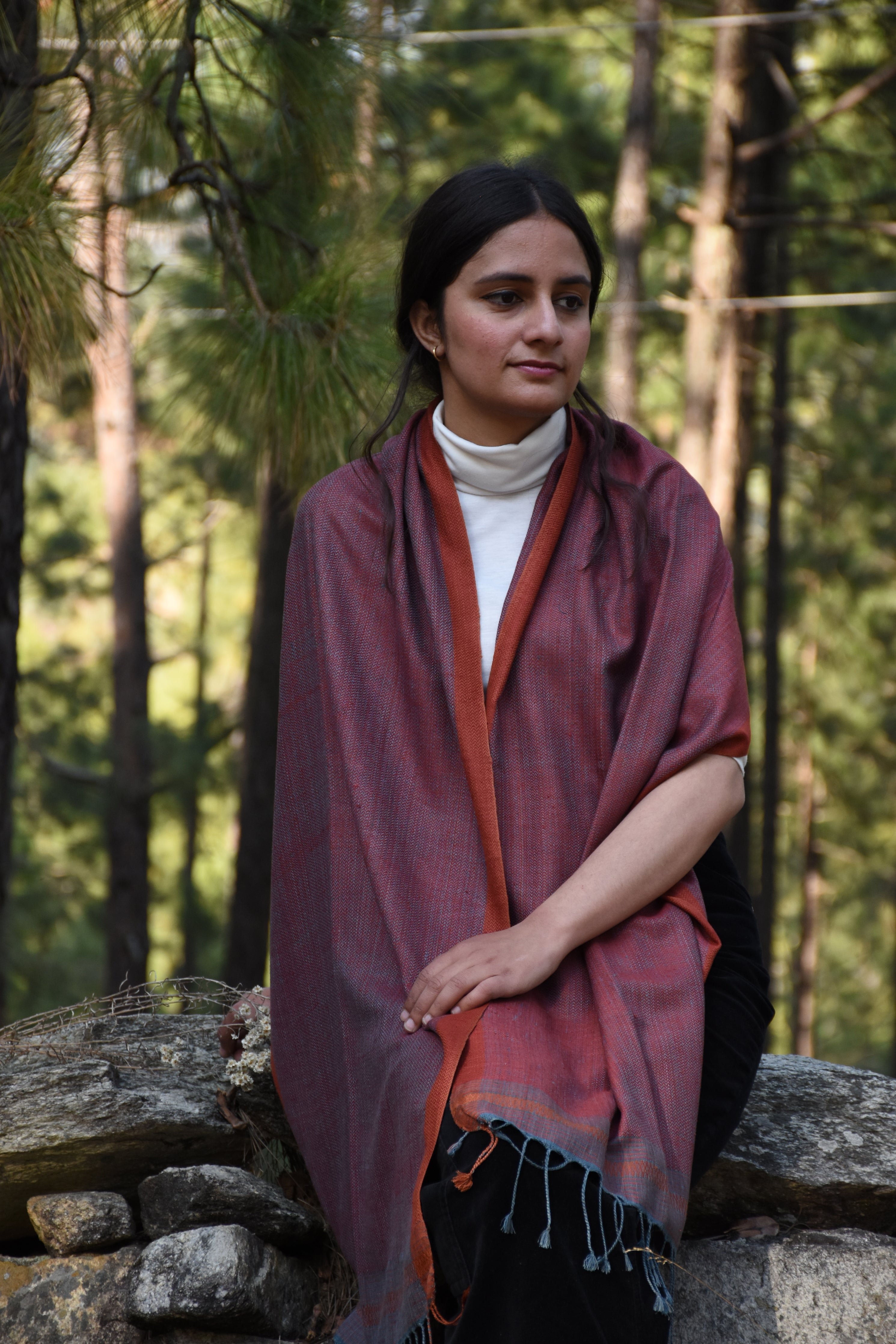 Eri Silk Stole | Teal & Ruby with Orange Border
