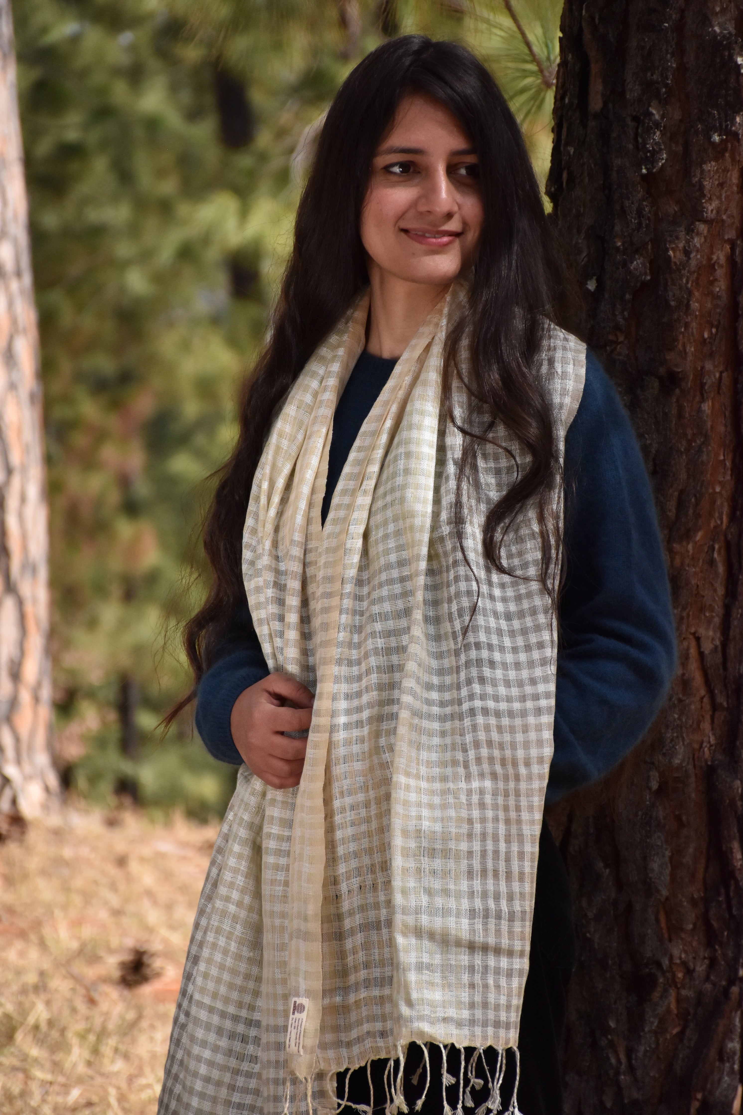 Checkered Linen & Eri Silk Stole | White, Grey & Light Yellow