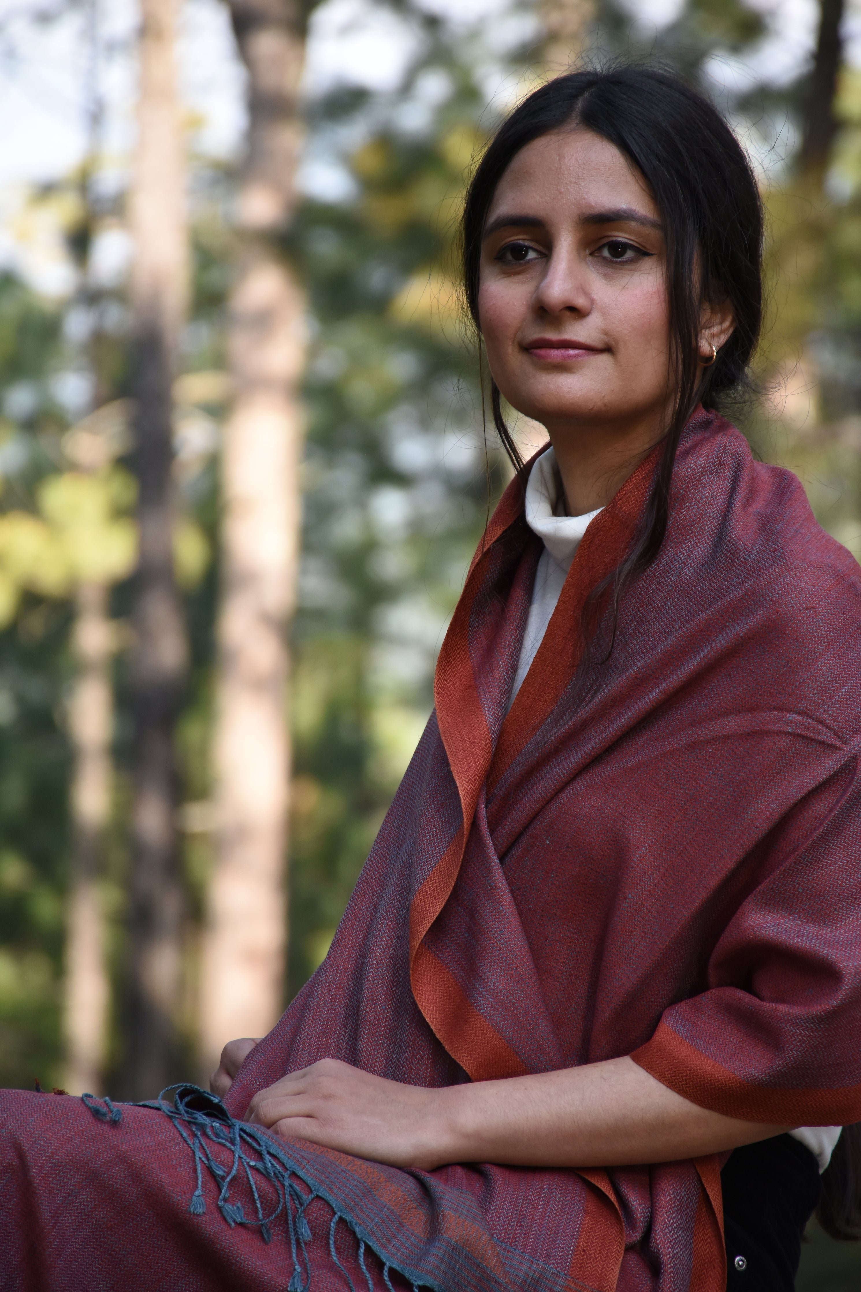 Eri Silk Stole | Teal & Ruby with Orange Border