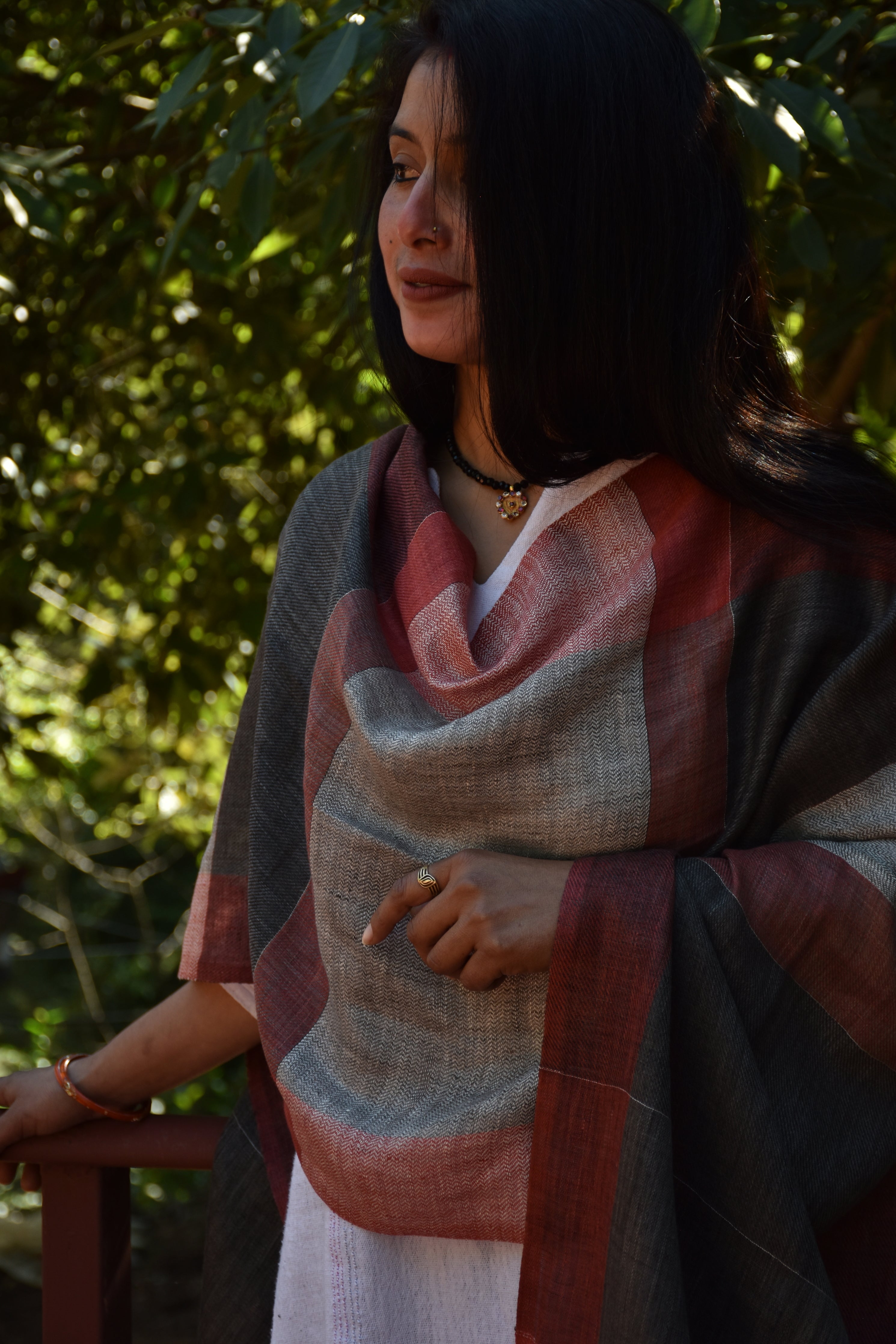 Multi grid Linen Stole | Red, Black & Dark Grey