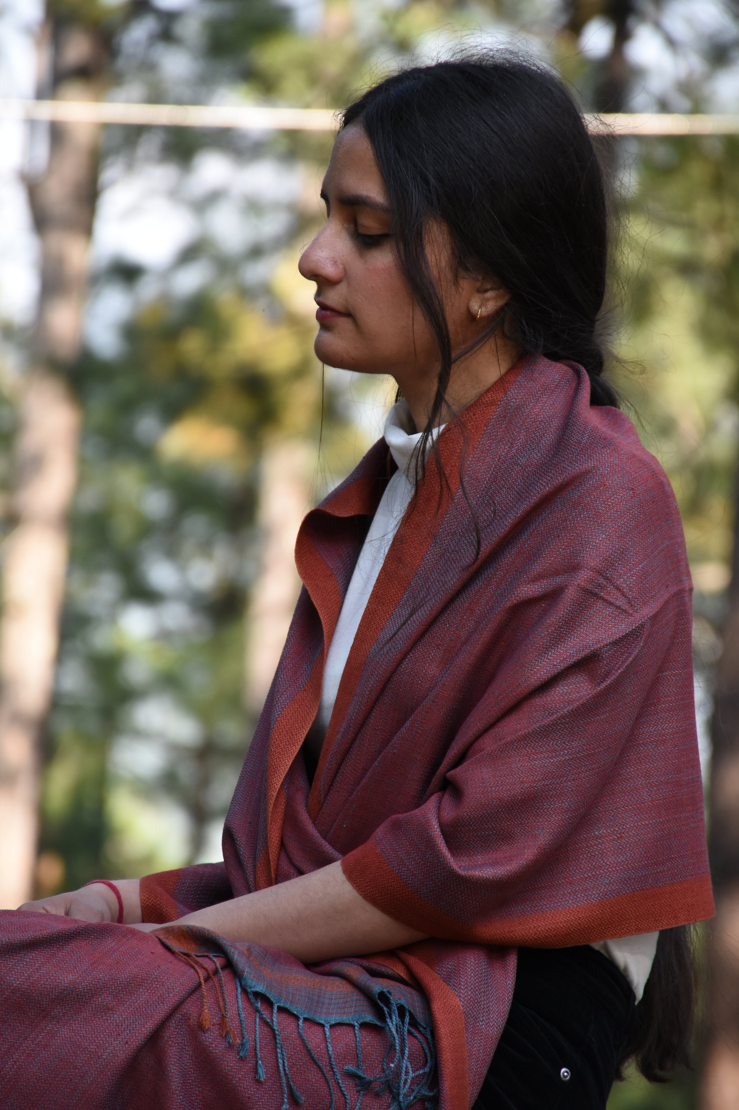 Eri Silk Stole | Teal & Ruby with Orange Border
