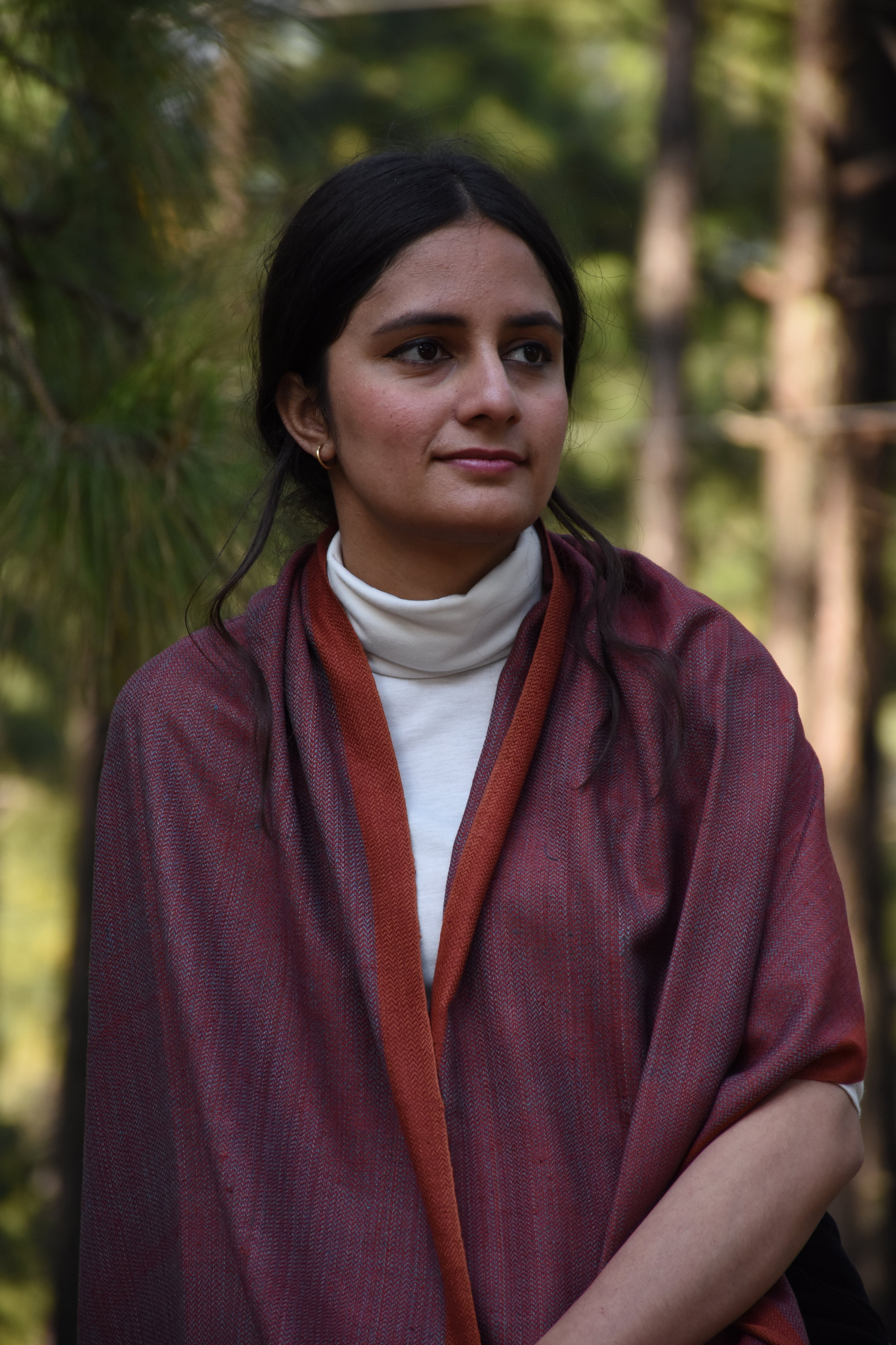 Eri Silk Stole | Teal & Ruby with Orange Border