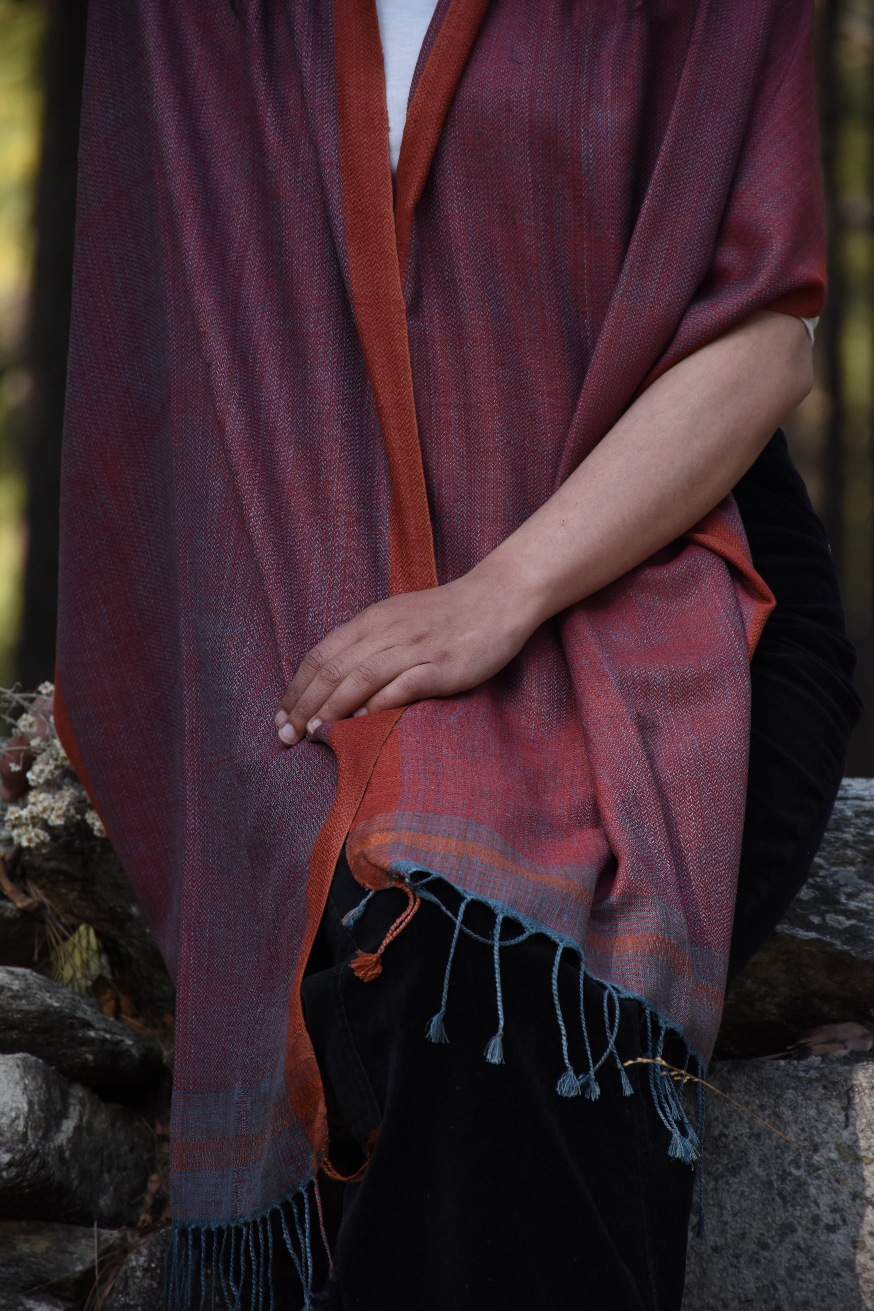 Eri Silk Stole | Teal & Ruby with Orange Border