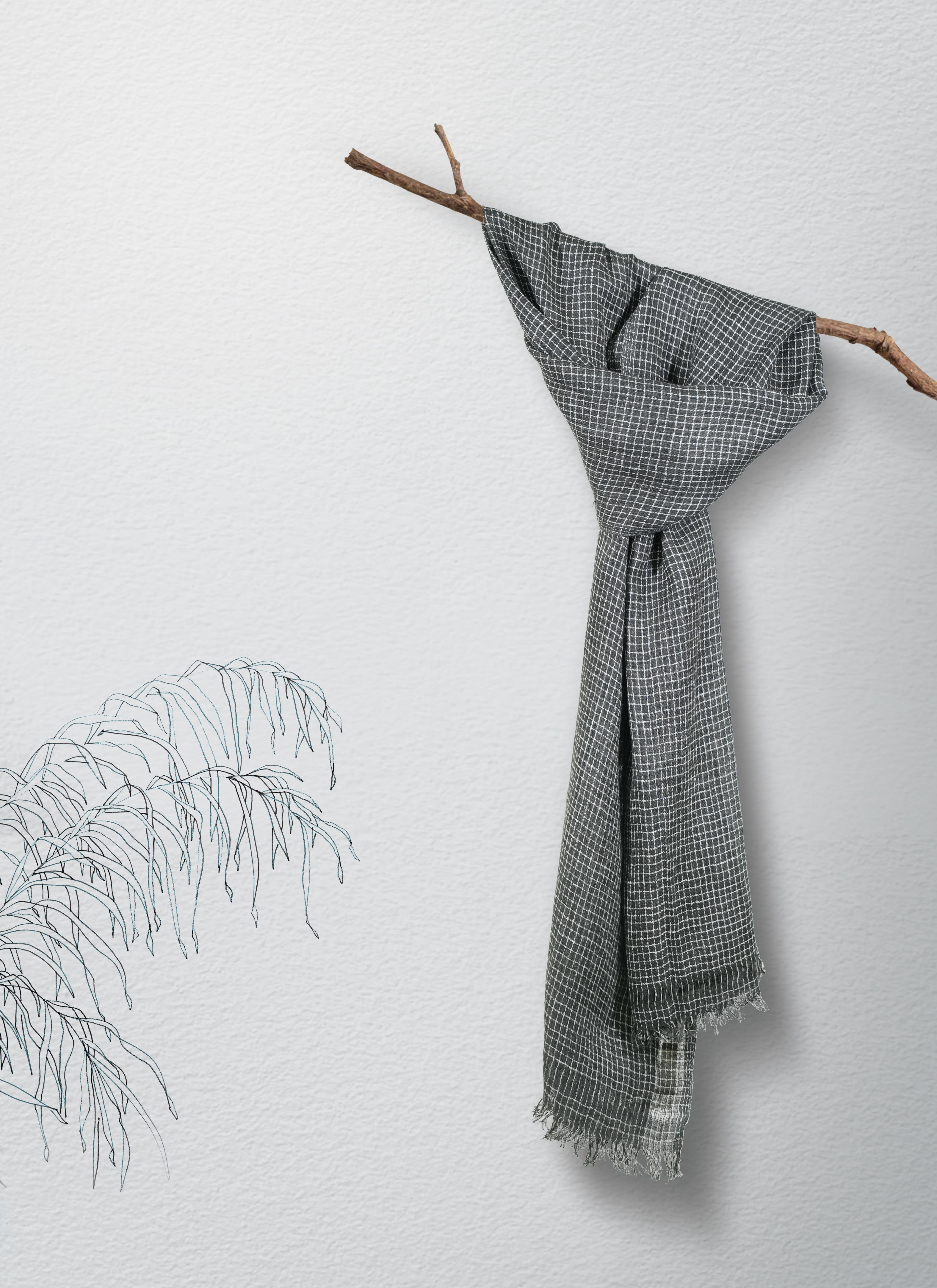 Blackout Grid Eri Silk and Linen Stole | Black and White Thin Checks