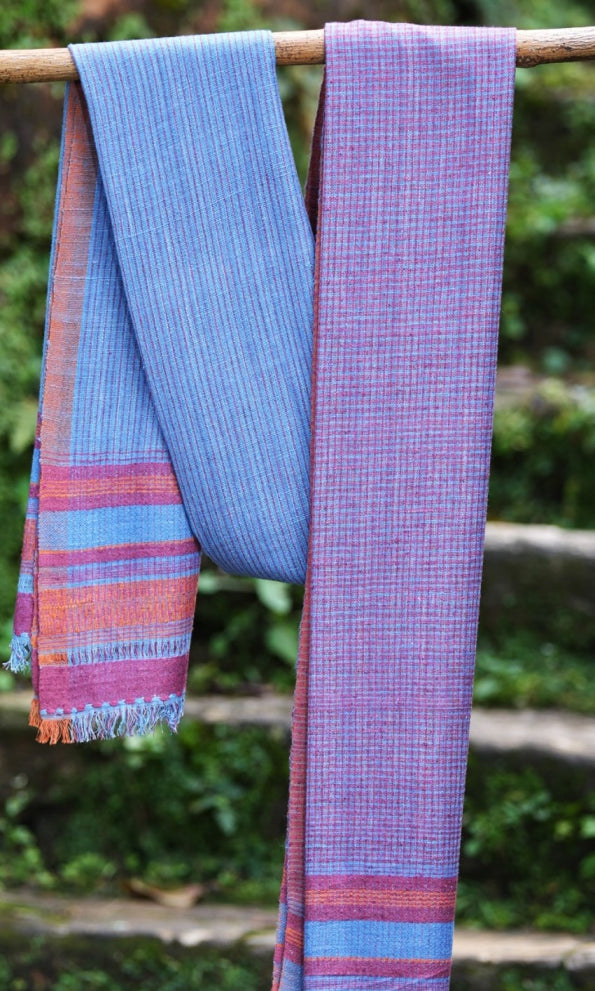 Half-N-Half Pure Eri Silk Stole | Indigo with maroon and Rust Stripes