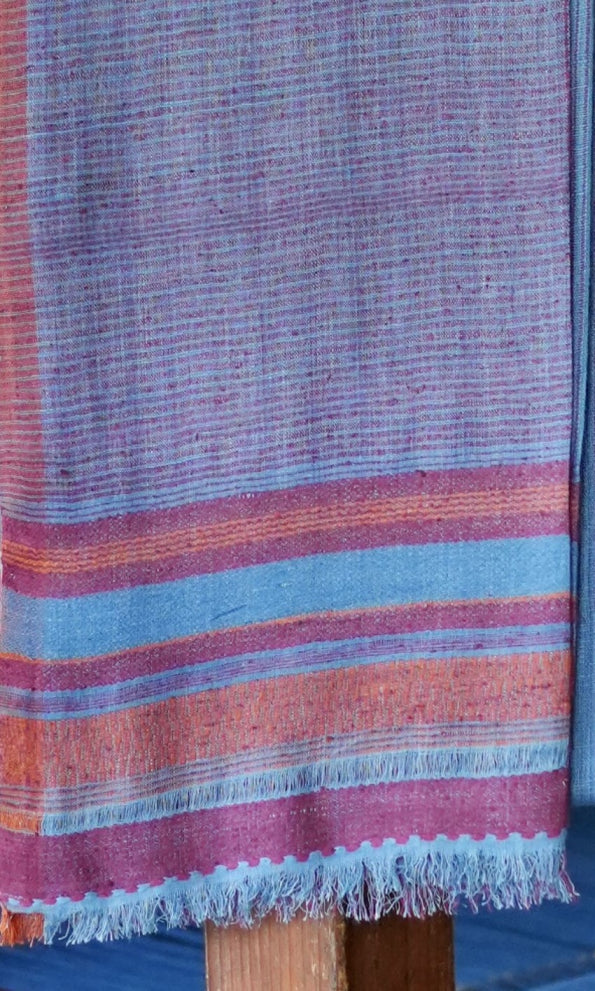 Half-N-Half Pure Eri Silk Stole | Indigo with maroon and Rust Stripes
