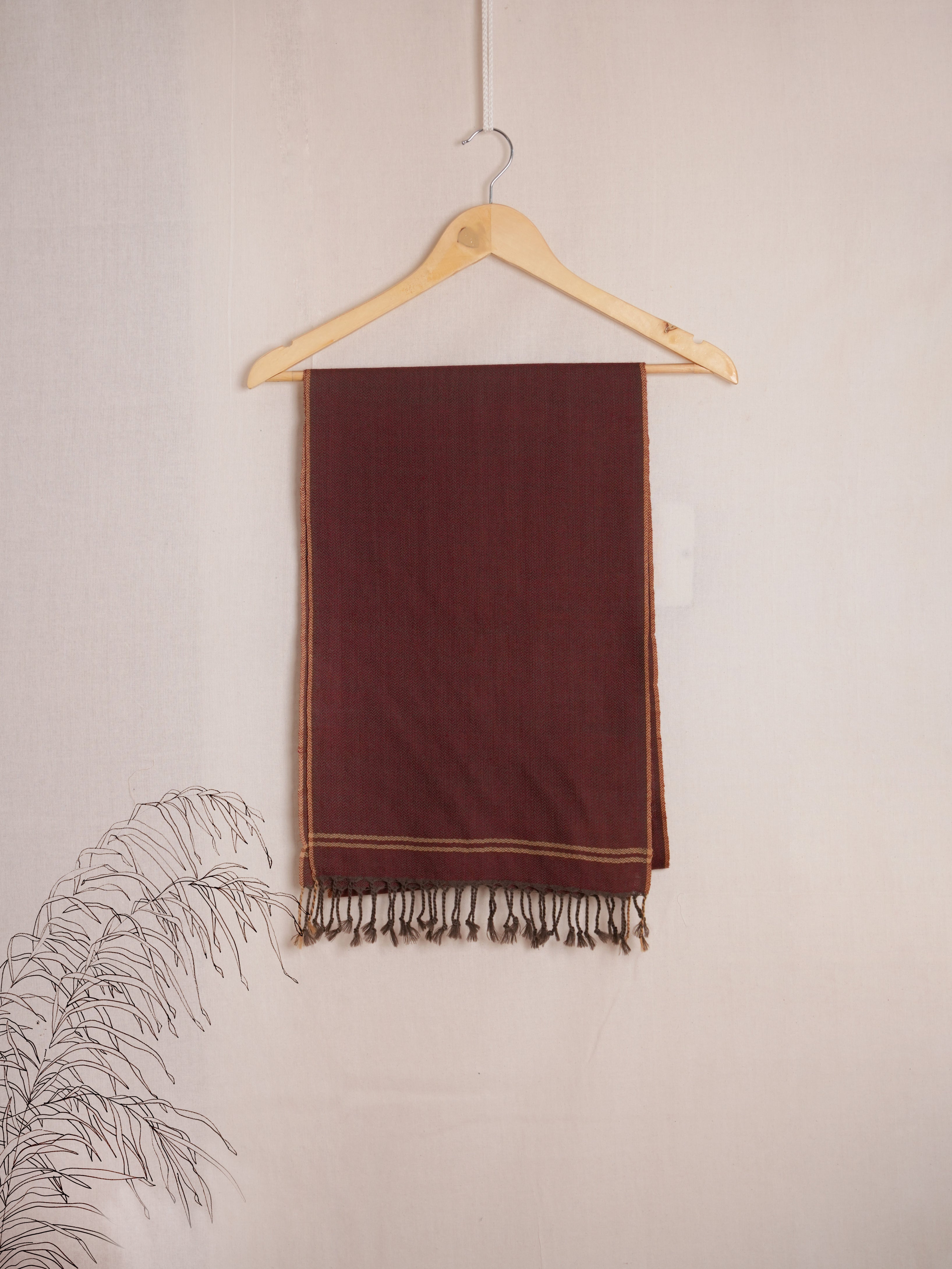 Pointed Twill Solid Merino Wool Scarf | Rust Brown with Beige Border