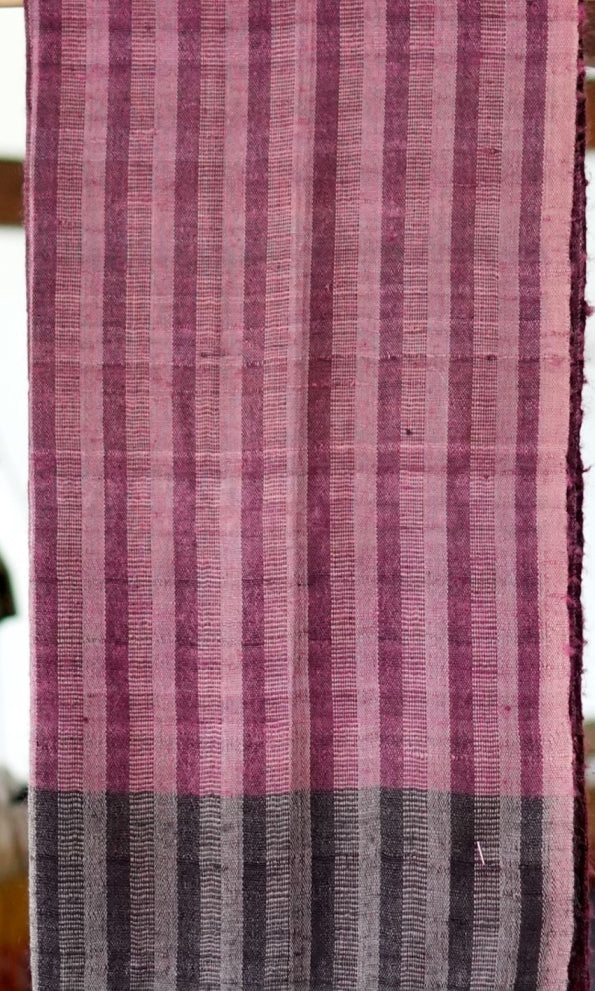 Striped Tussar Silk & Merino Wool Stole | Dark Raspberry with Black Border