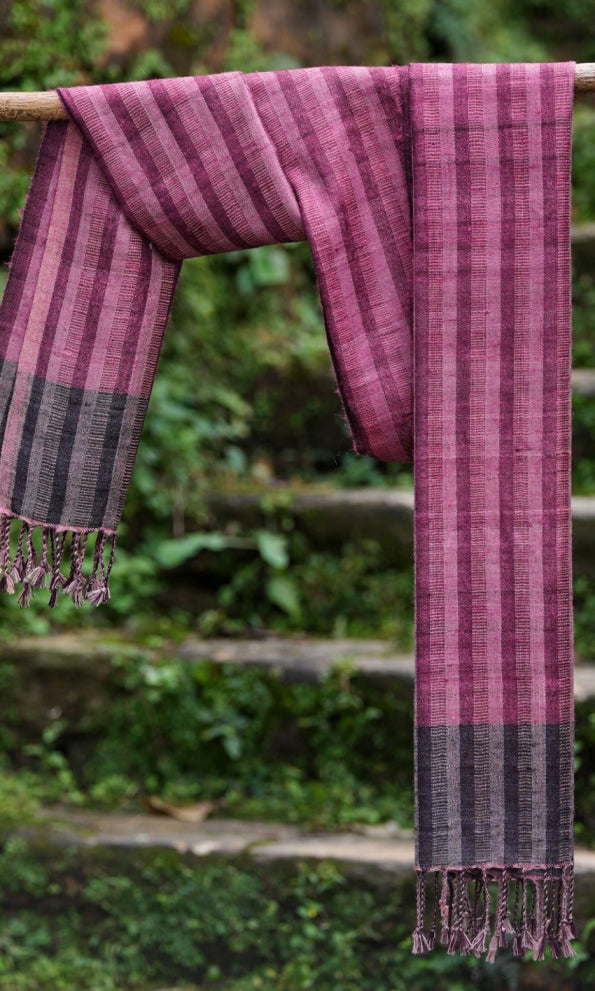 Striped Tussar Silk & Merino Wool Stole | Dark Raspberry with Black Border