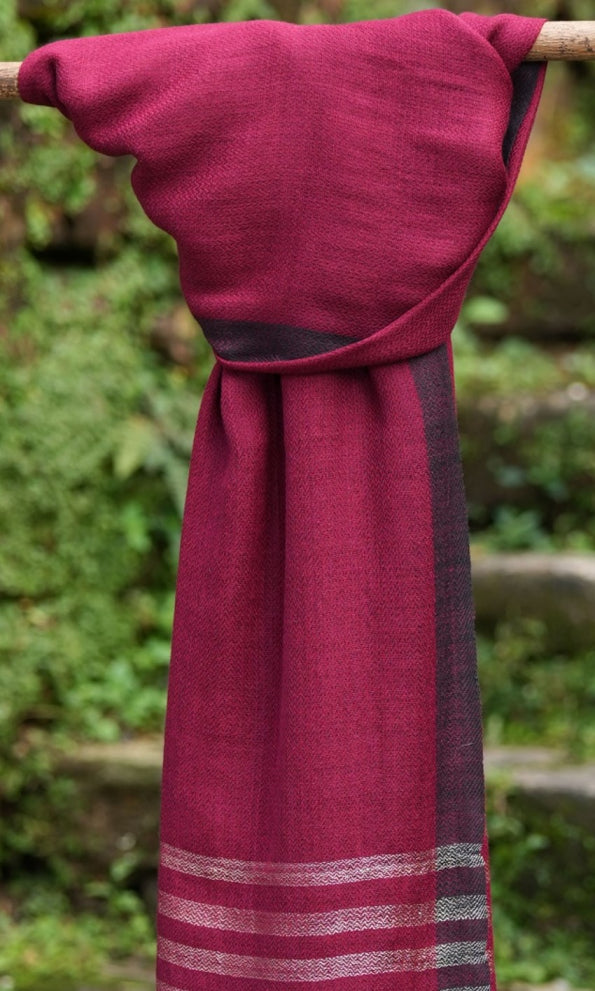 Pointed Twill Merino Wool Shawl | Purple, Black With Golden Border Stripes