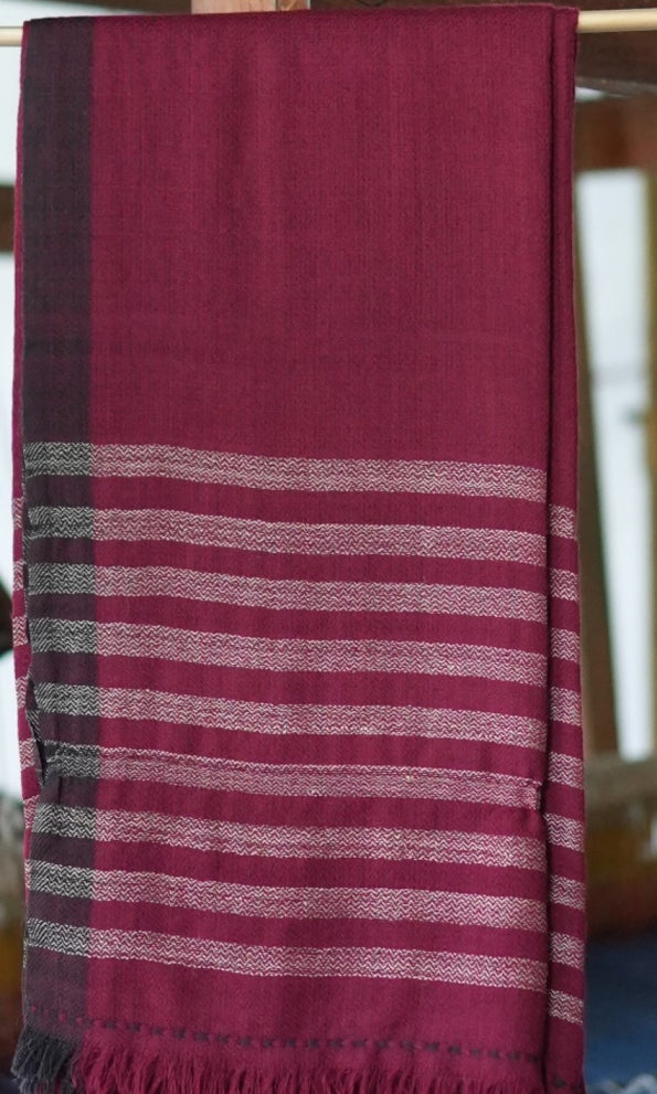 Pointed Twill Merino Wool Shawl | Purple, Black With Golden Border Stripes
