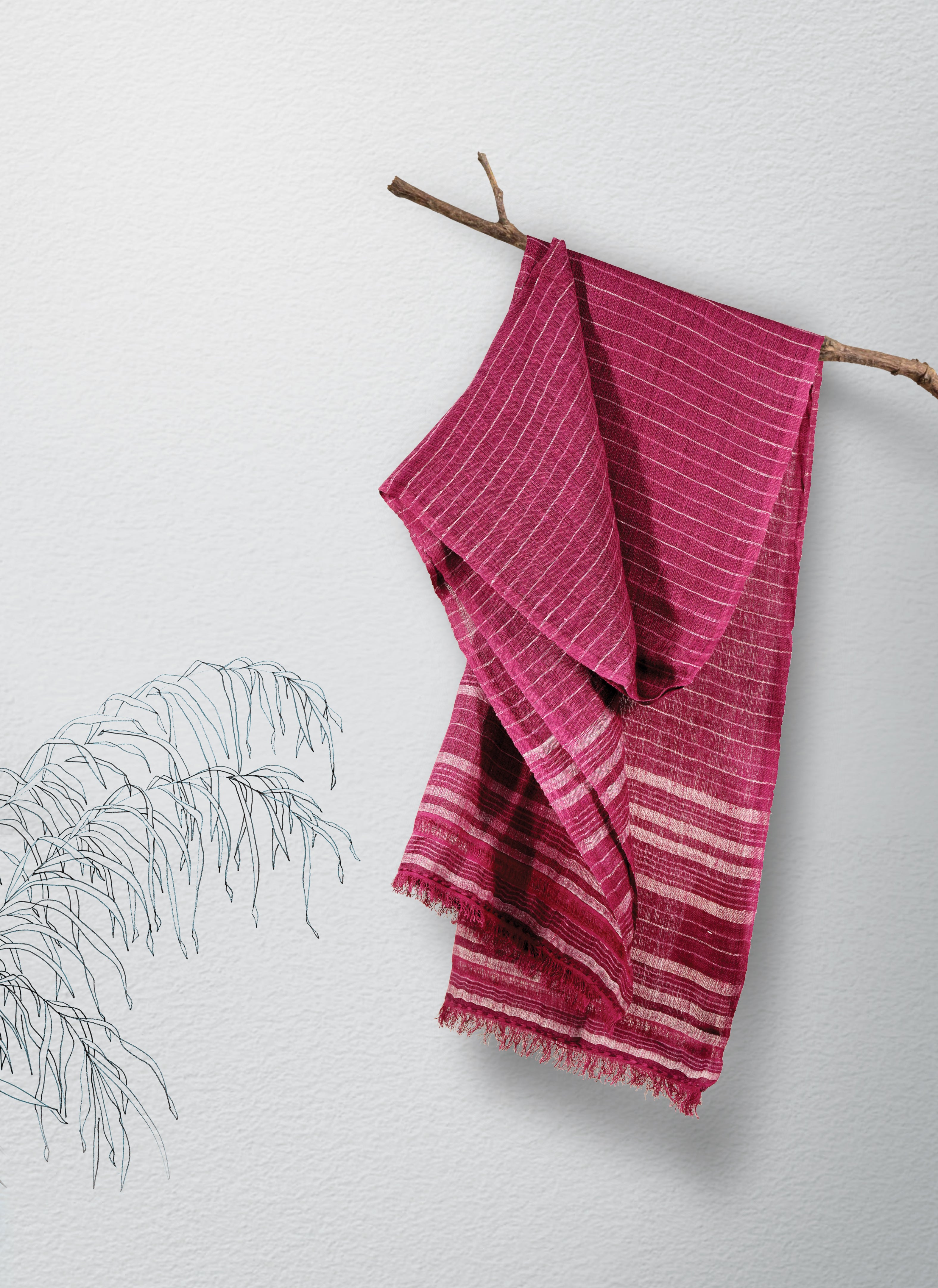 Magenta Gleam Linen & Eri Silk Stole | Magenta & White stripes