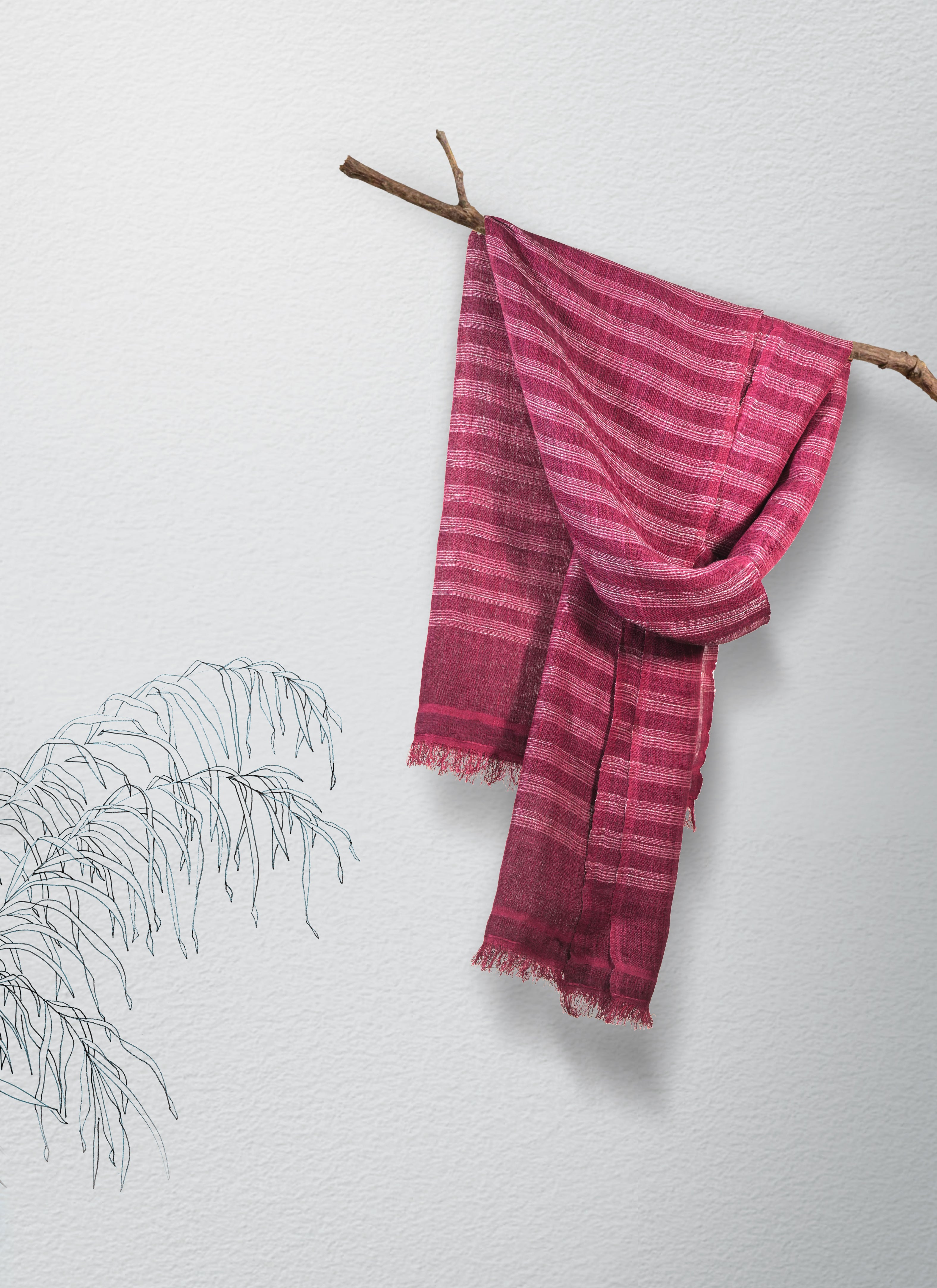 Straited Linen & Eri Silk Stole | Berry Crush with White stripes