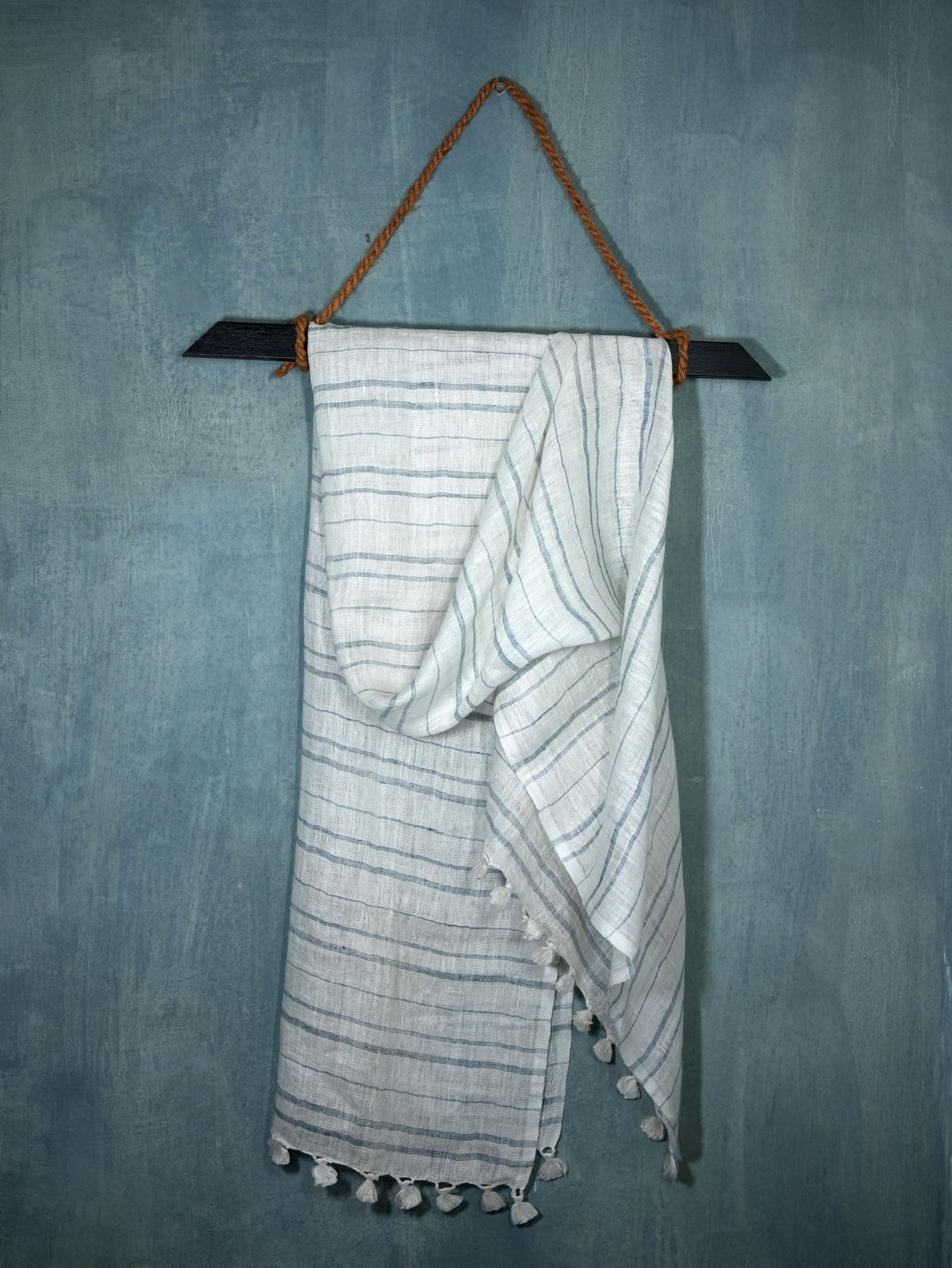 Skyline Stripes Linen Stole | Indigo with white Stripes