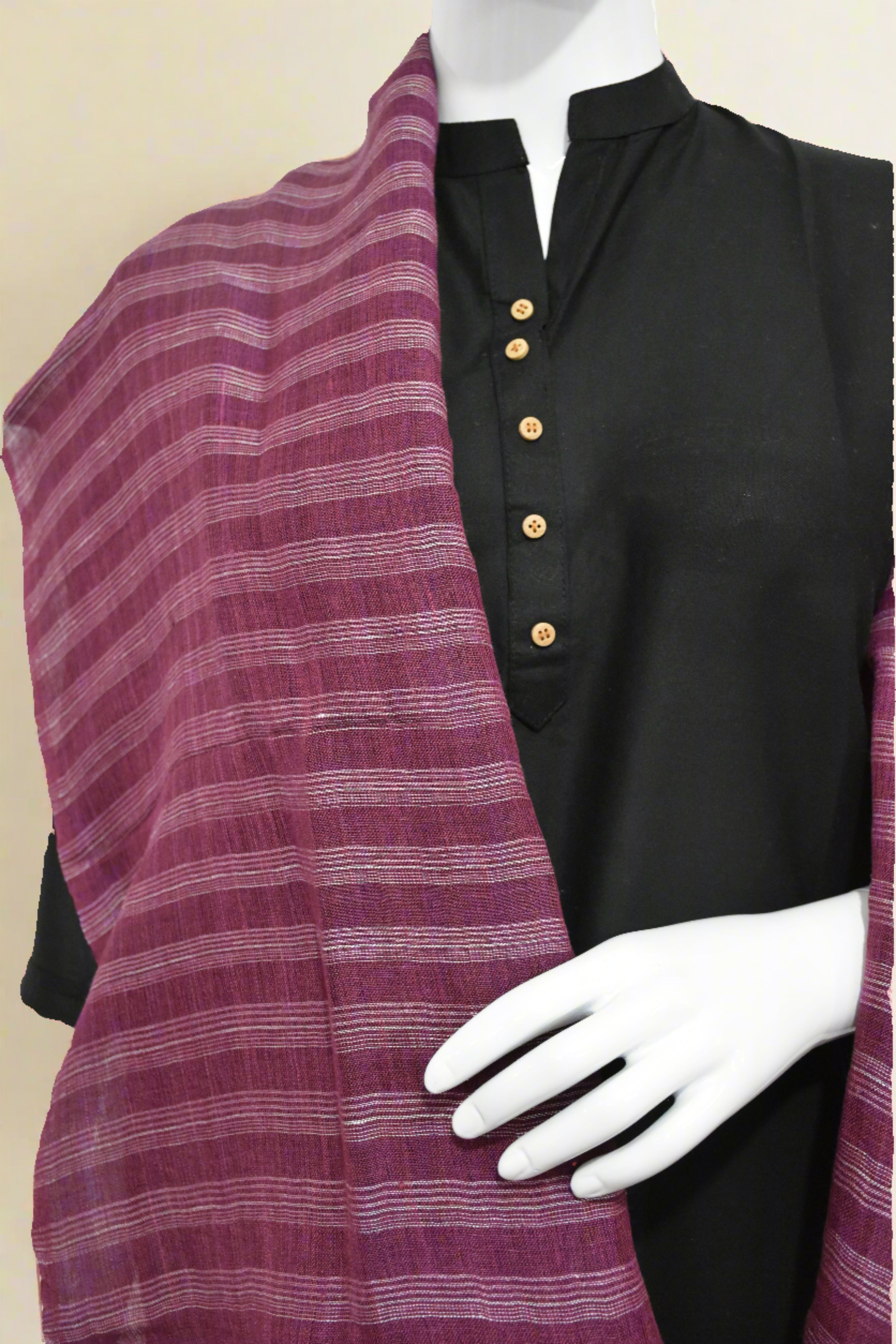 Straited Linen & Eri Silk Stole | Berry Crush with White stripes