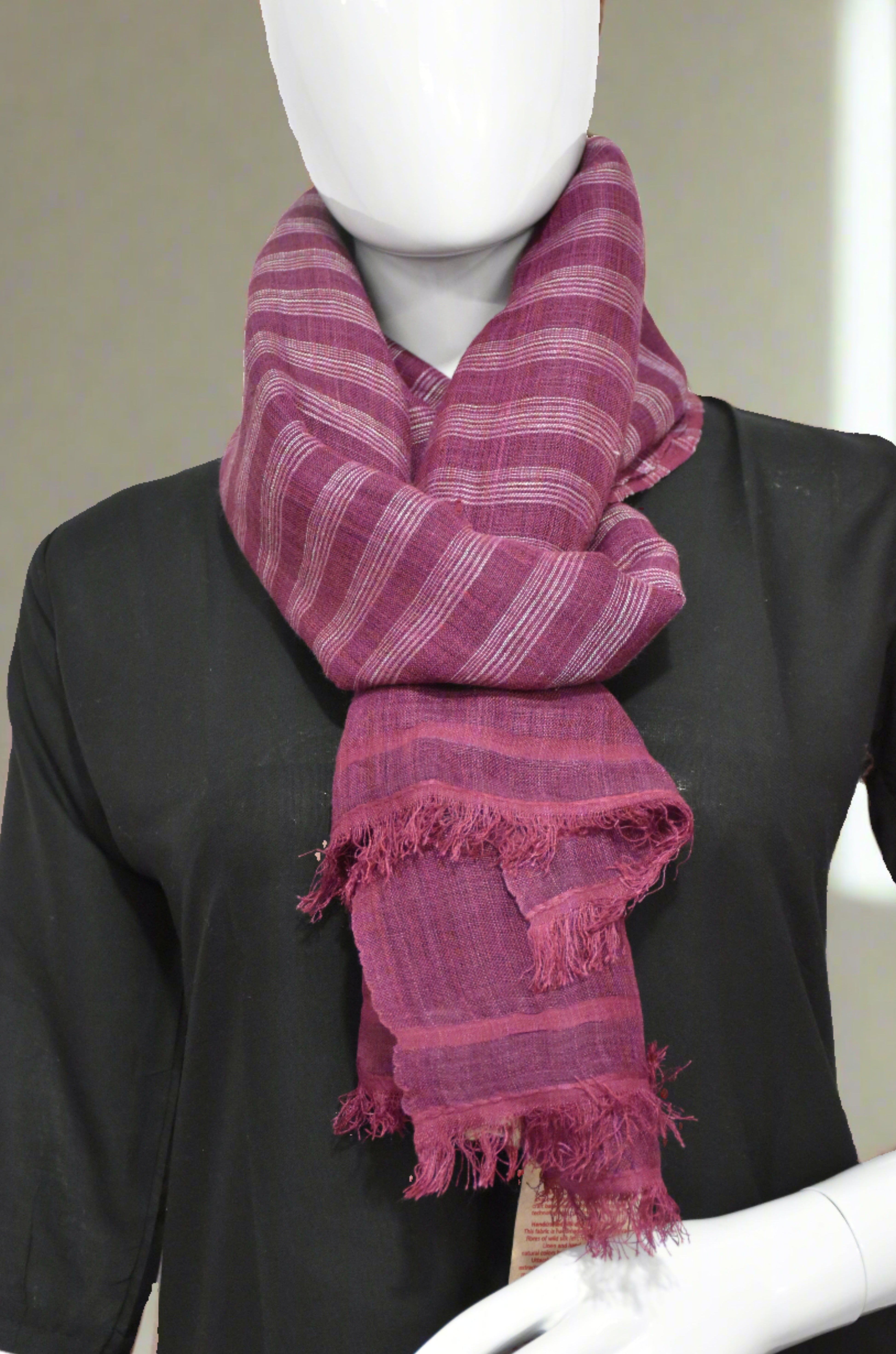 Straited Linen & Eri Silk Stole | Berry Crush with White stripes