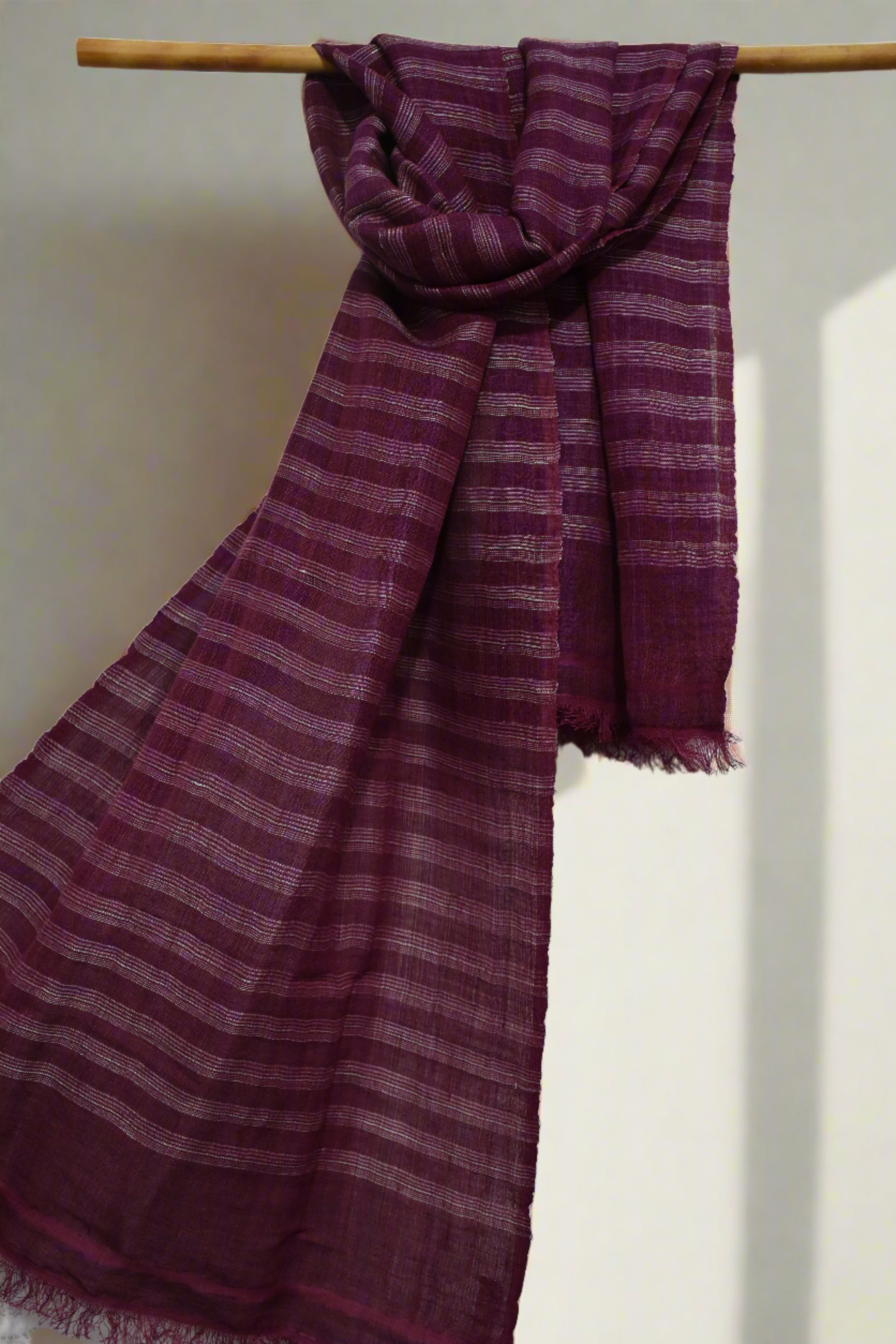 Straited Linen & Eri Silk Stole | Berry Crush with White stripes