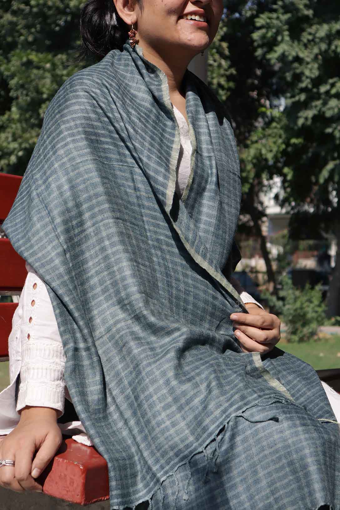 Graphite Plaid Eri silk and Linen stole | Indigo and Grey checks