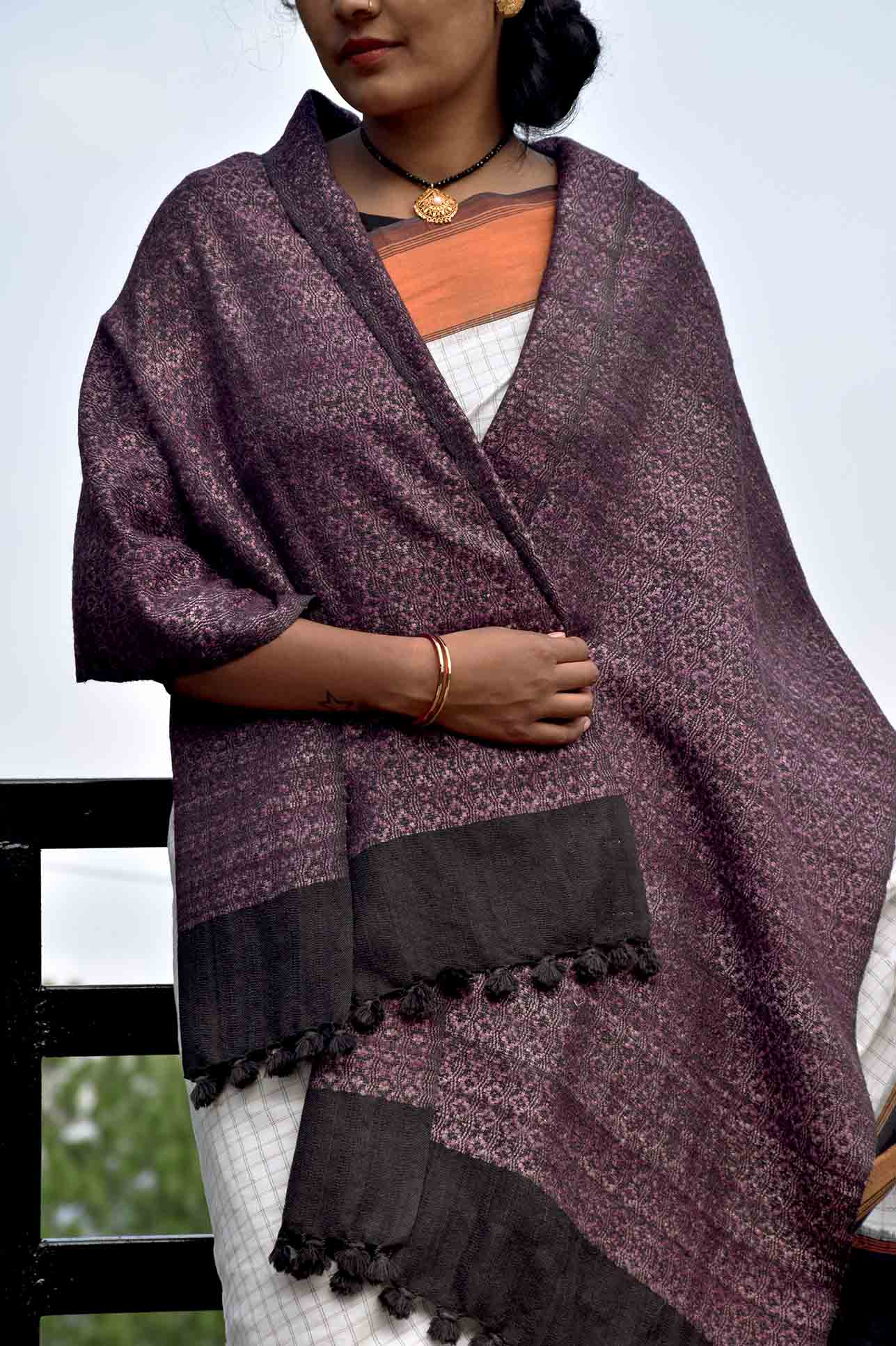 Almora Pattern Tussar Silk & Merino Wool Stole | Black and Purple