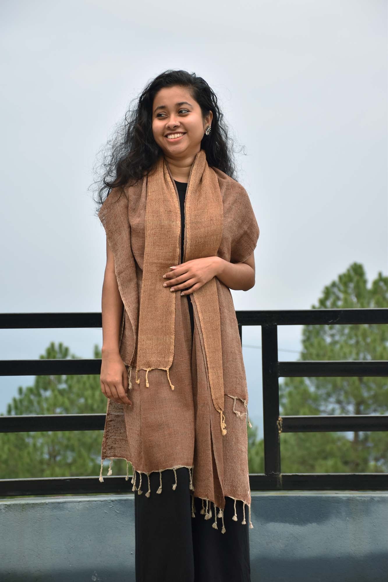 Two-toned Four Way Eri silk and Merino wool Stole | Caramel and Earthy Brown