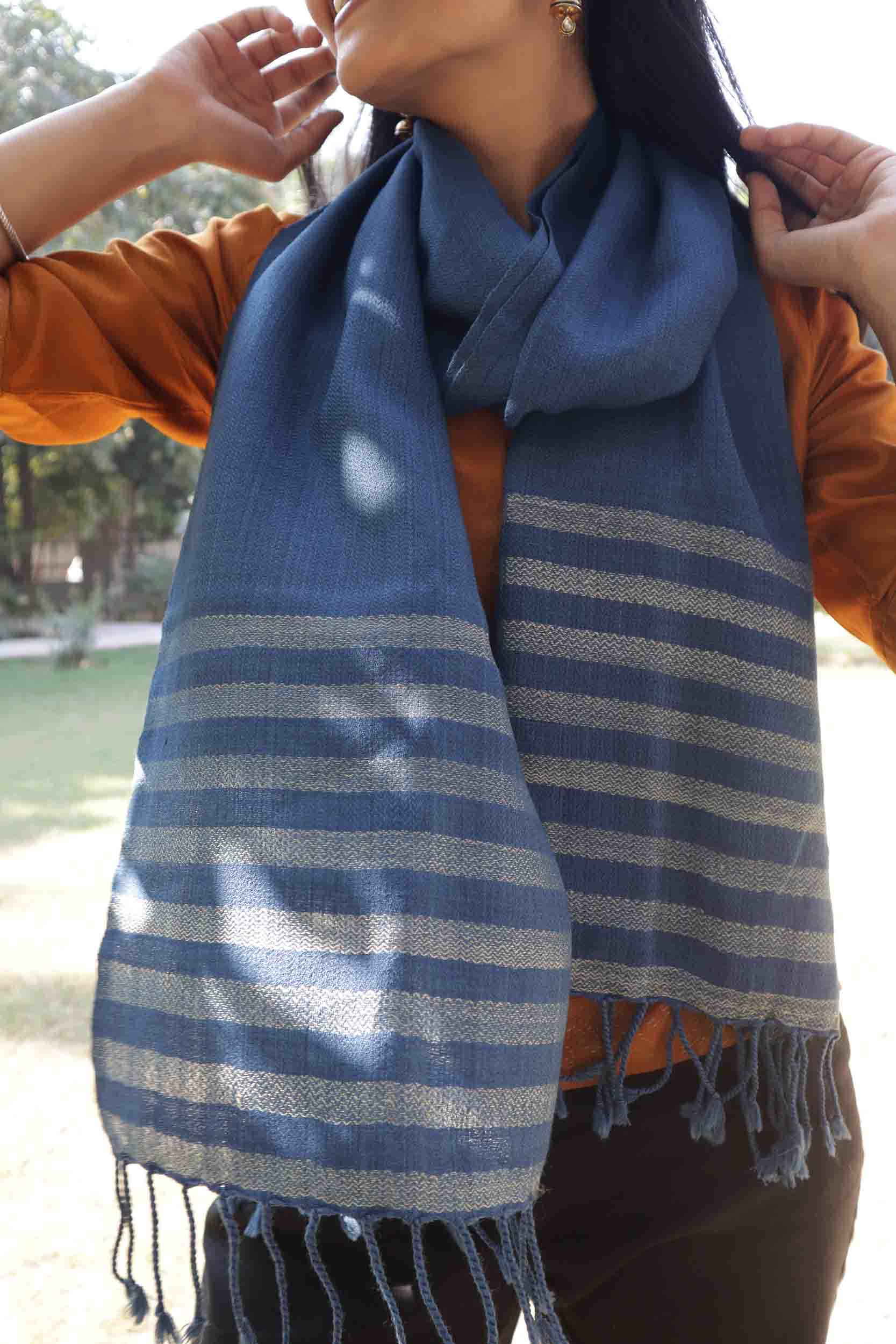 Merino Wool Stole| Indigo with Golden border